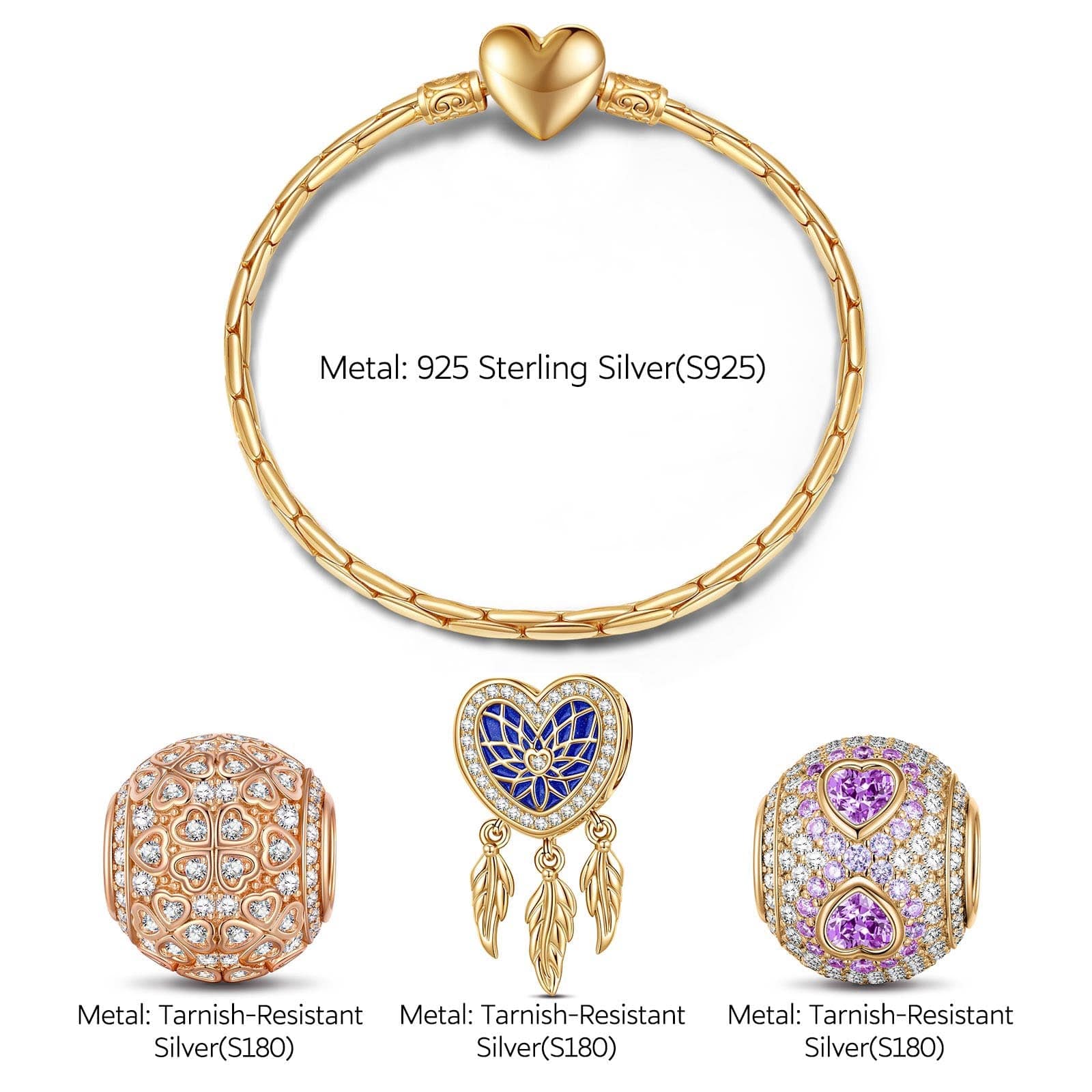 Sterling Silver Romantic Love Charms Bracelet Set With Enamel In 14K Gold Plated (Includes bracelet and all charms shown) - Image 2