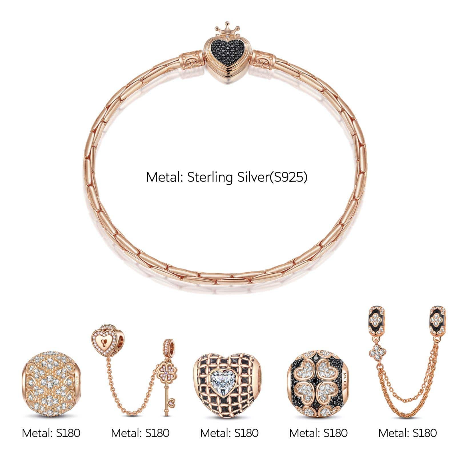Sterling Silver Valentine's Day Charms Bracelet Set With Enamel In Rose Gold Plated (Includes bracelet and all charms shown) - Image 4