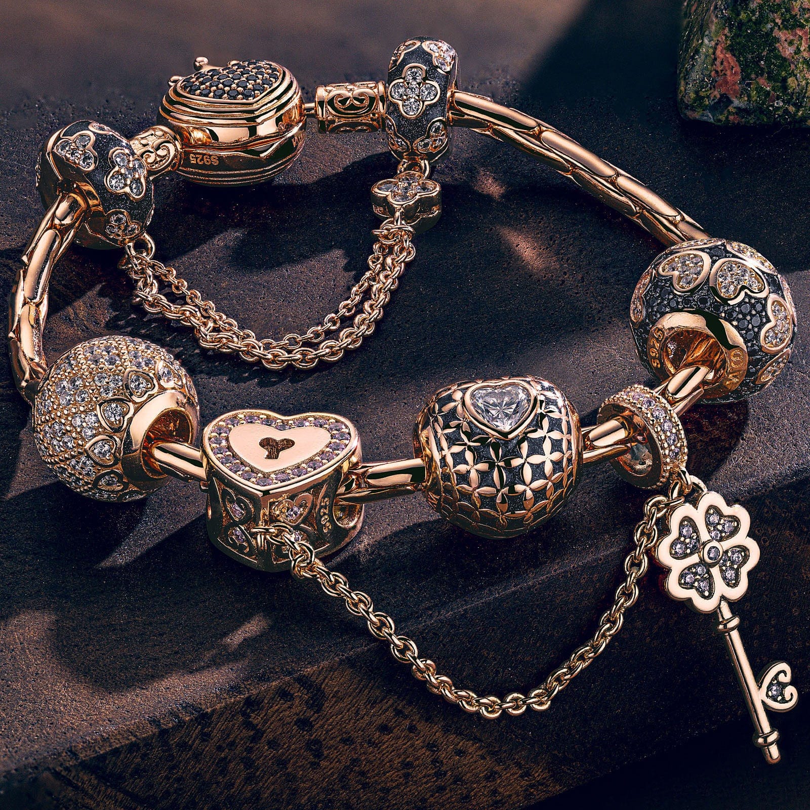 Sterling Silver Valentine's Day Charms Bracelet Set With Enamel In Rose Gold Plated (Includes bracelet and all charms shown) - Image 5