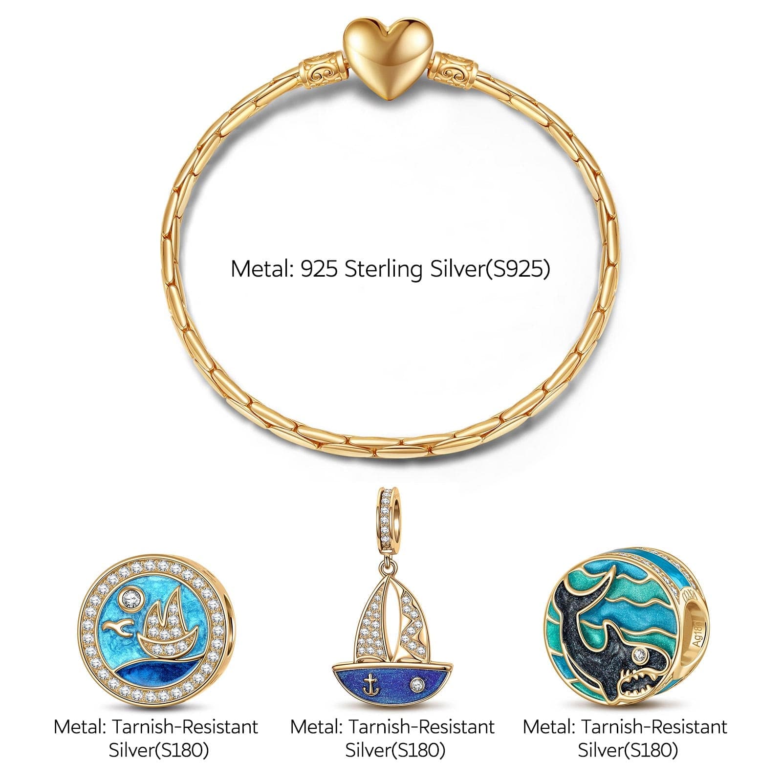 Sterling Silver Voyage Charms Bracelet Set With Enamel In 14K Gold Plated (Includes bracelet and all charms shown) - Image 2