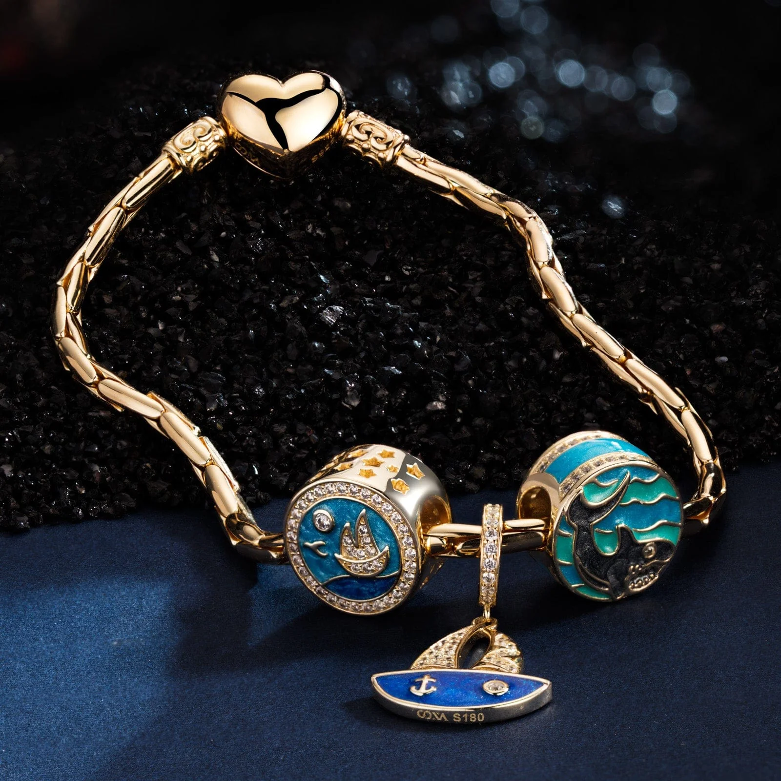 Sterling Silver Voyage Charms Bracelet Set With Enamel In 14K Gold Plated (Includes bracelet and all charms shown) - Image 3