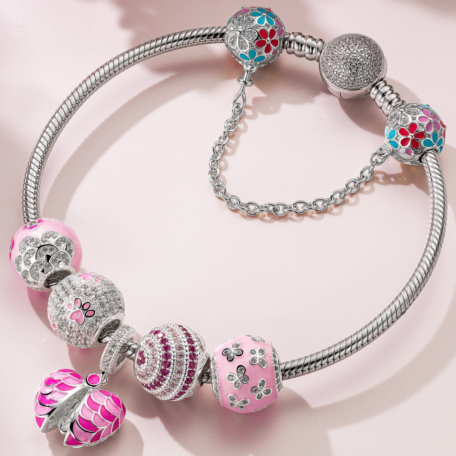 Sterling Silver Pink Mood Charms Bracelet Set With Enamel In White Gold Plated (Includes bracelet and all charms shown)