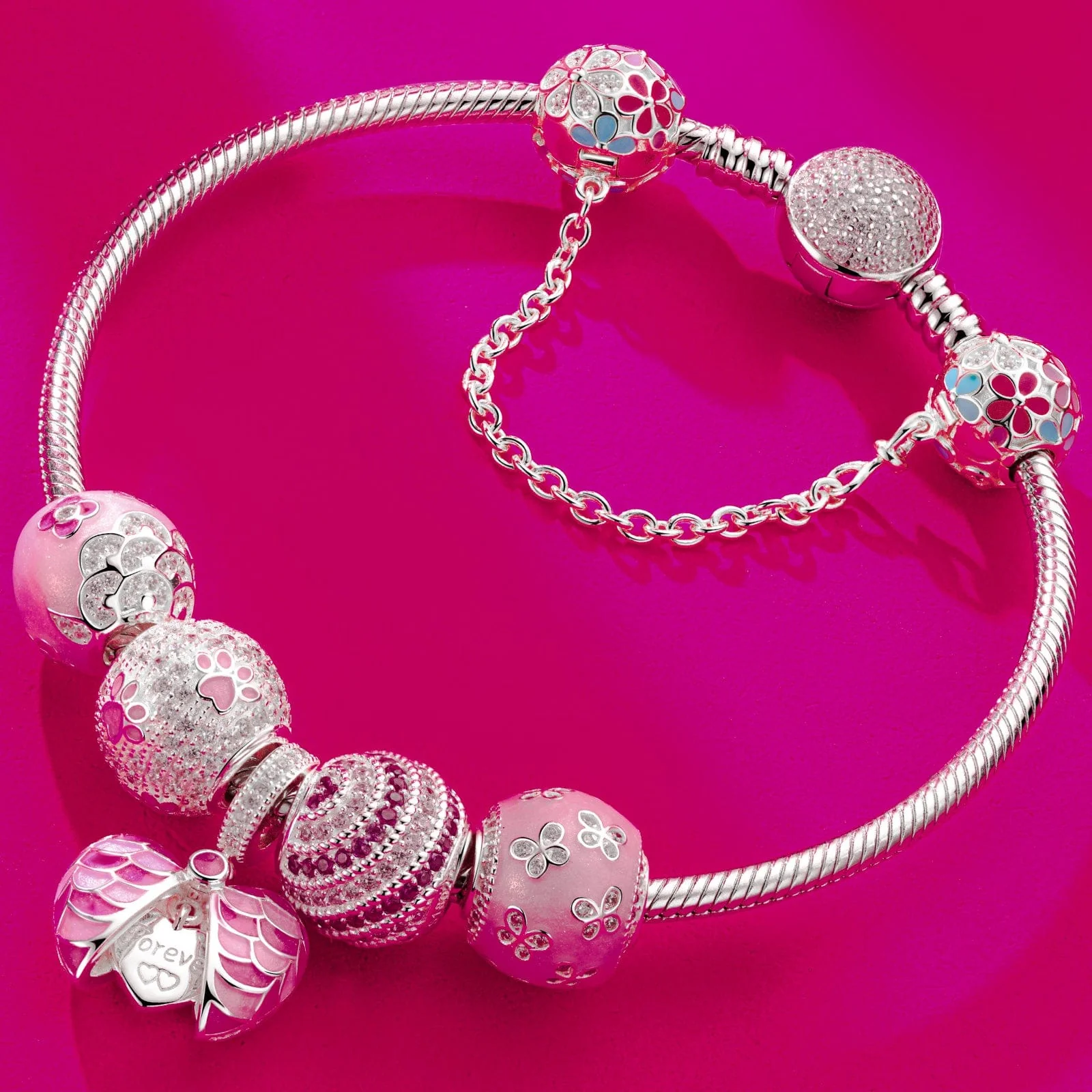 Sterling Silver Pink Mood Charms Bracelet Set With Enamel In White Gold Plated (Includes bracelet and all charms shown) - Image 2