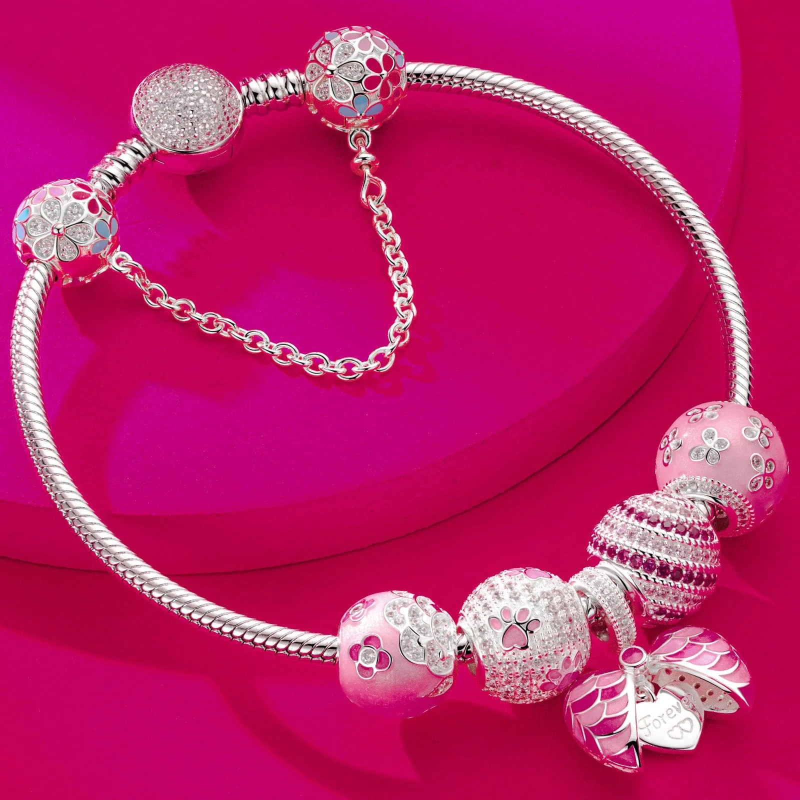 Sterling Silver Pink Mood Charms Bracelet Set With Enamel In White Gold Plated (Includes bracelet and all charms shown) - Image 3