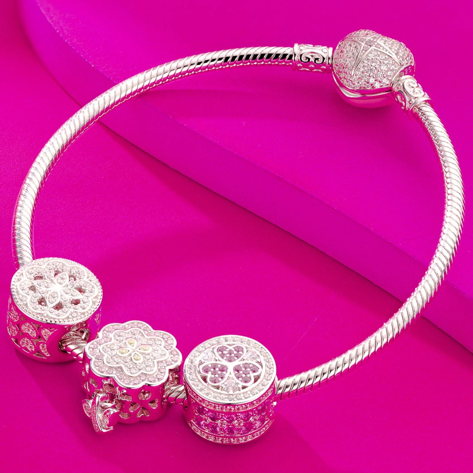 Sterling Silver Pink Flowers Charms Bracelet Set With Enamel In White Gold Plated (Includes bracelet and all charms shown) - Image 2