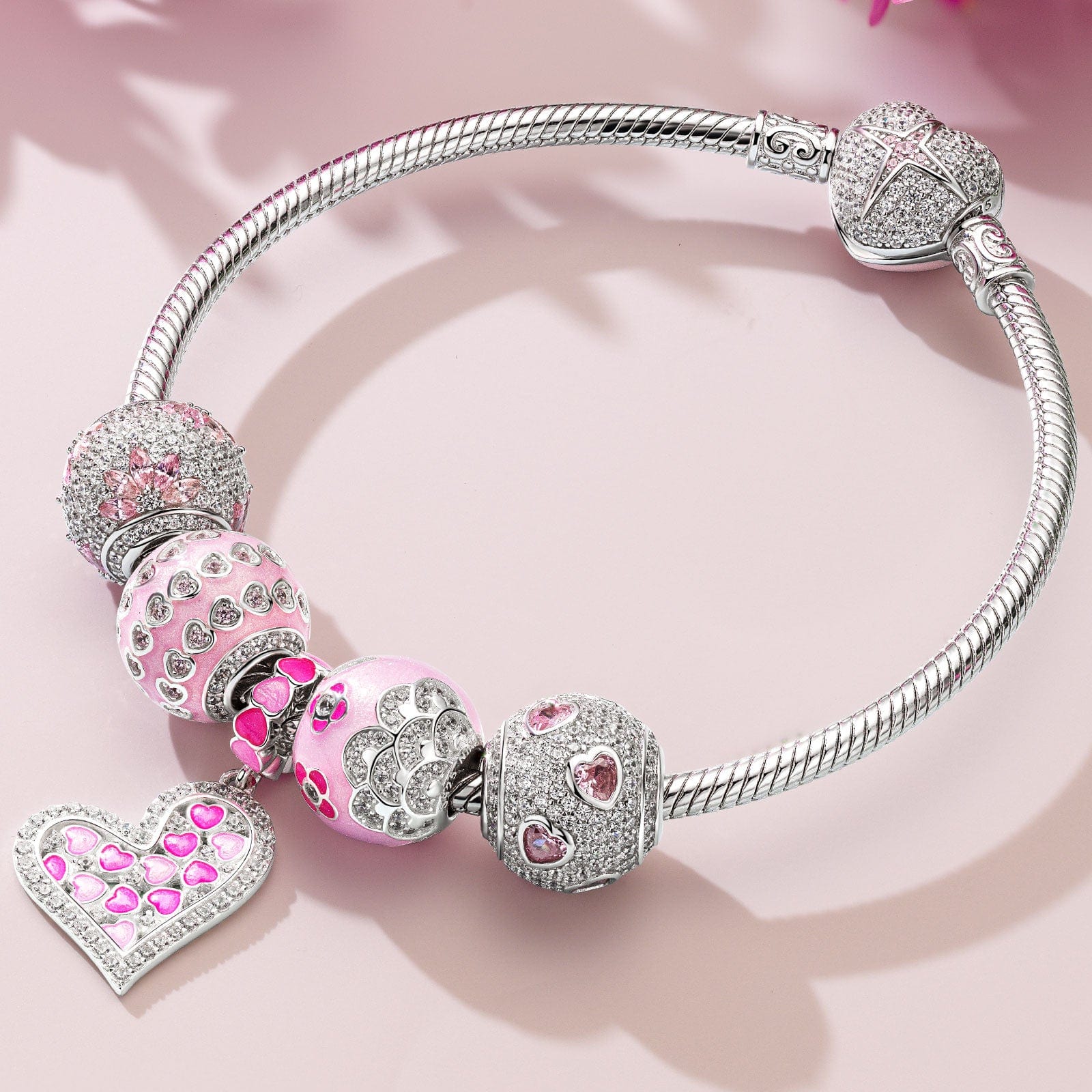 Sterling Silver Pink Girlish Charms Bracelet Set With Enamel In White Gold Plated (Includes bracelet and all charms shown)