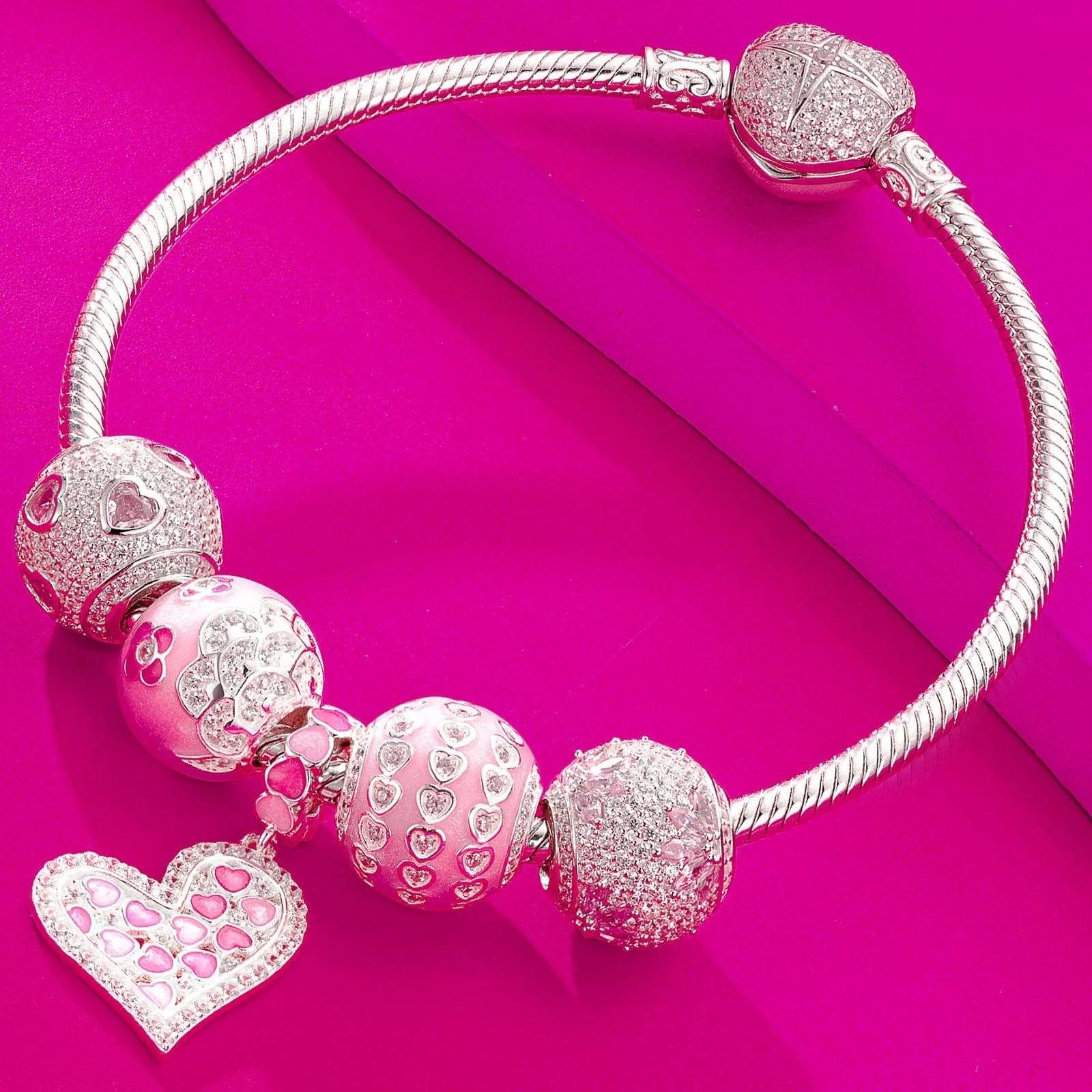 Sterling Silver Pink Girlish Charms Bracelet Set With Enamel In White Gold Plated (Includes bracelet and all charms shown) - Image 2