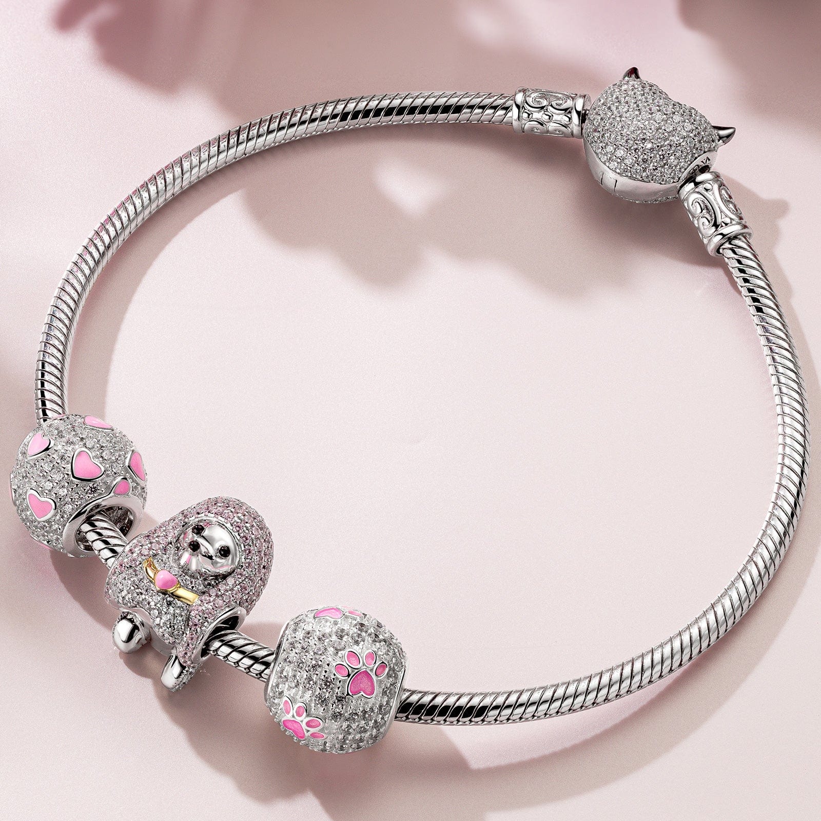 Sterling Silver Cute Poodle Charms Bracelet Set With Enamel In White Gold Plated (Includes bracelet and all charms shown)