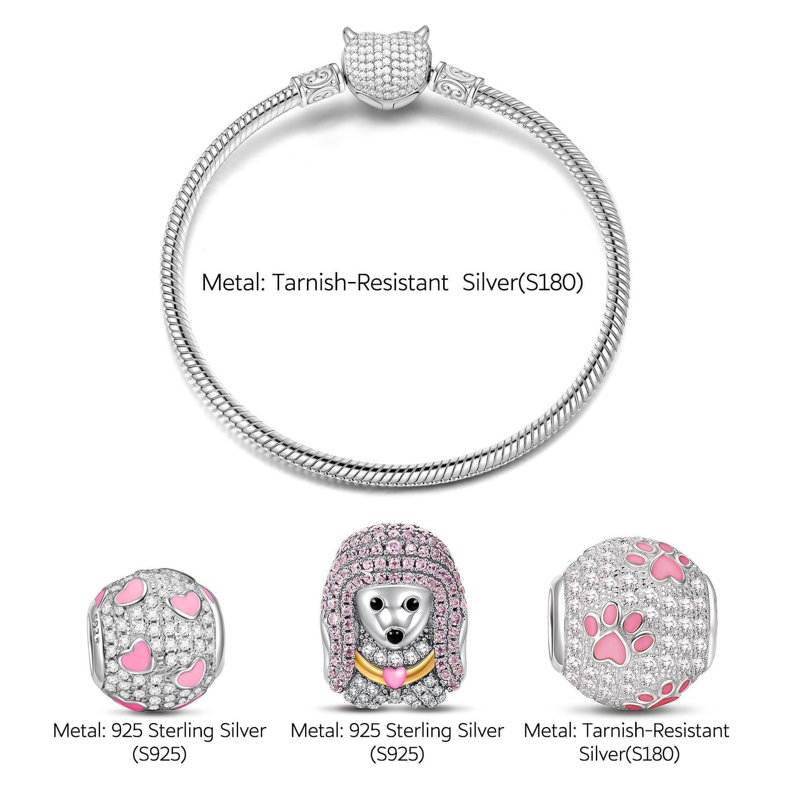 Sterling Silver Cute Poodle Charms Bracelet Set With Enamel In White Gold Plated (Includes bracelet and all charms shown) - Image 2