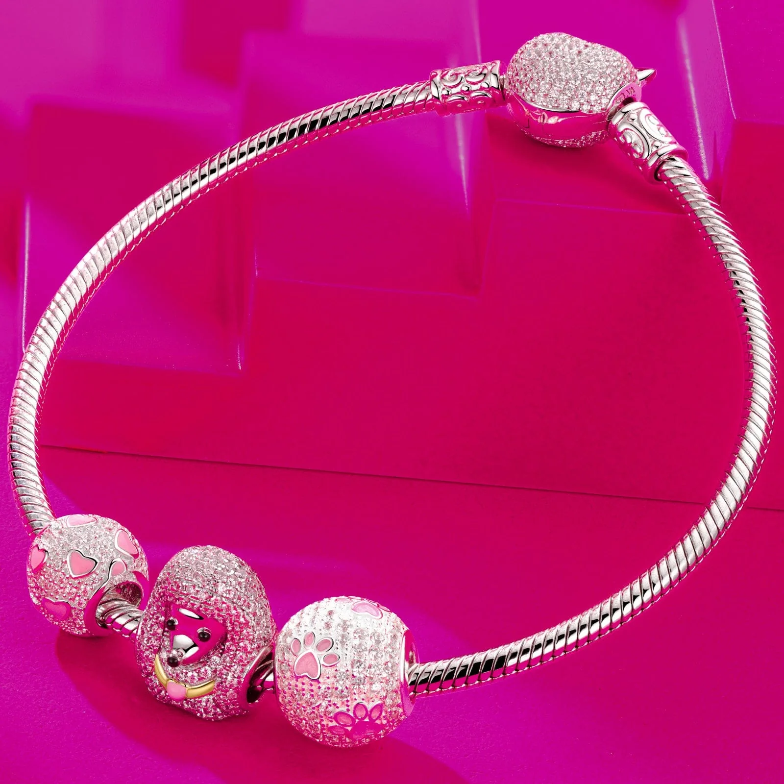 Sterling Silver Cute Poodle Charms Bracelet Set With Enamel In White Gold Plated (Includes bracelet and all charms shown) - Image 3