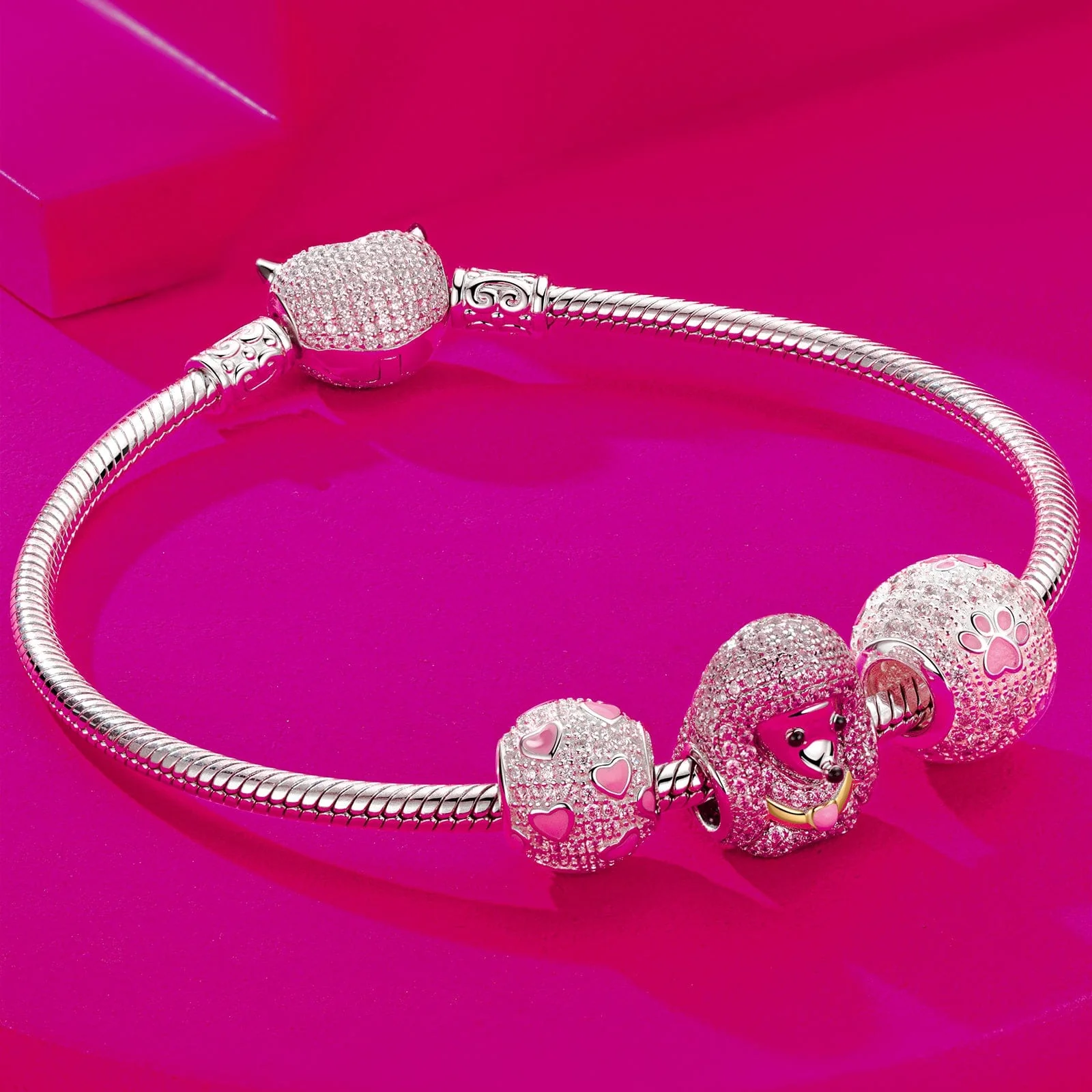 Sterling Silver Cute Poodle Charms Bracelet Set With Enamel In White Gold Plated (Includes bracelet and all charms shown) - Image 4