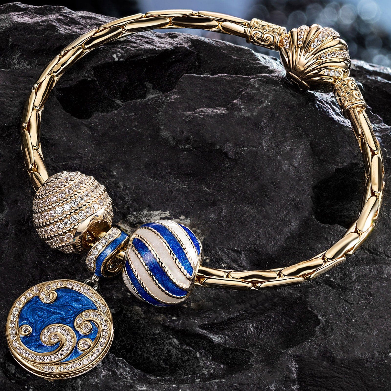 [💥As @anlena_ea's Pick] Sterling Silver Blue Ocean Waves Charms Bracelet Set With Enamel In 14K Gold Plated (Includes bracelet and all charms shown) - Image 3