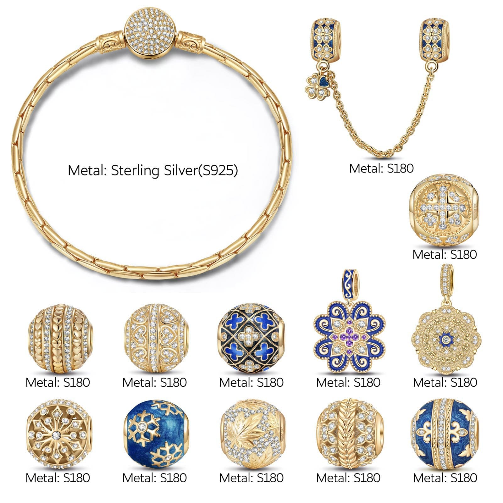 Sterling Silver Ice and Blue Charms Bracelet Set With Enamel In 14K Gold Plated (Includes bracelet and all charms shown) - Image 2