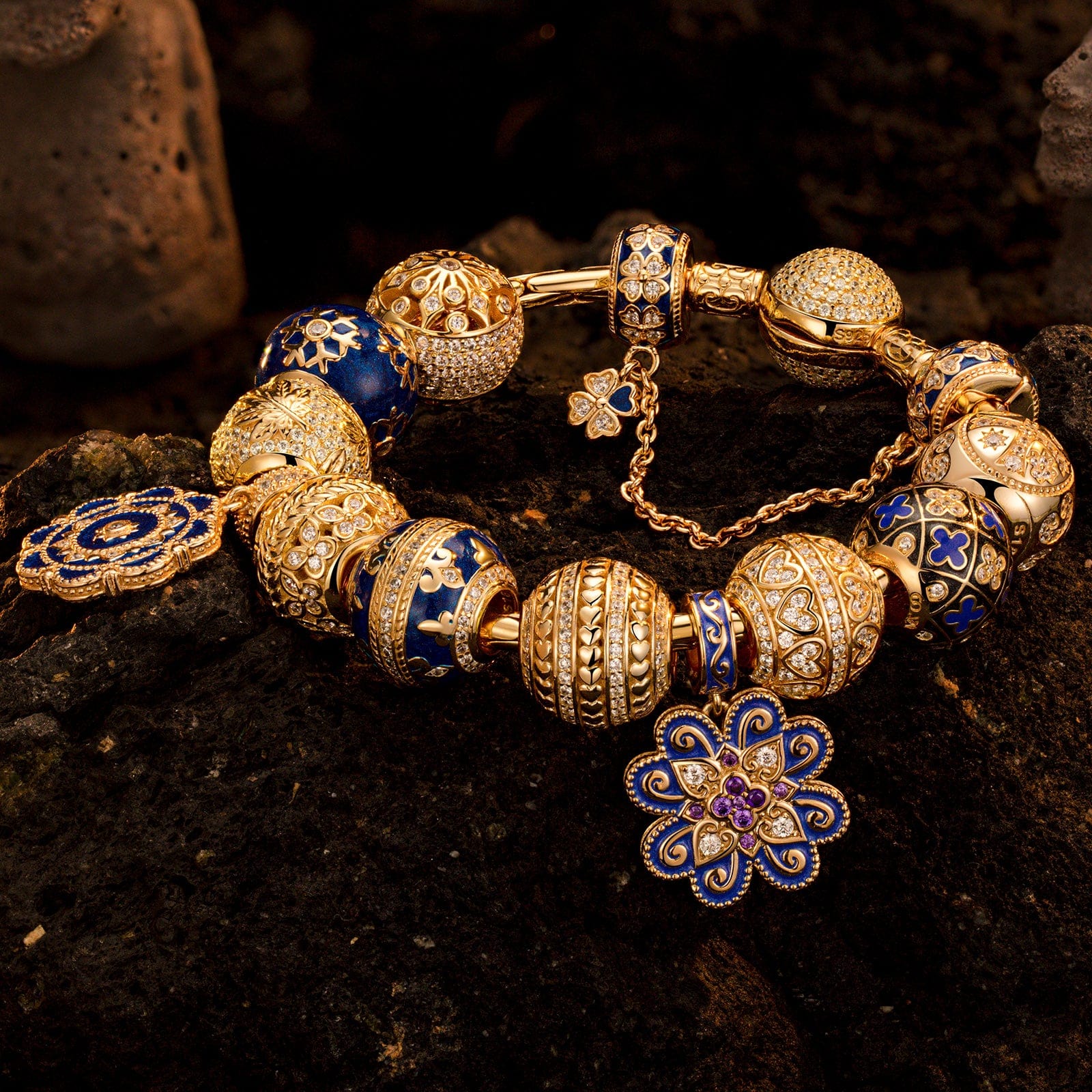 Sterling Silver Ice and Blue Charms Bracelet Set With Enamel In 14K Gold Plated (Includes bracelet and all charms shown) - Image 3
