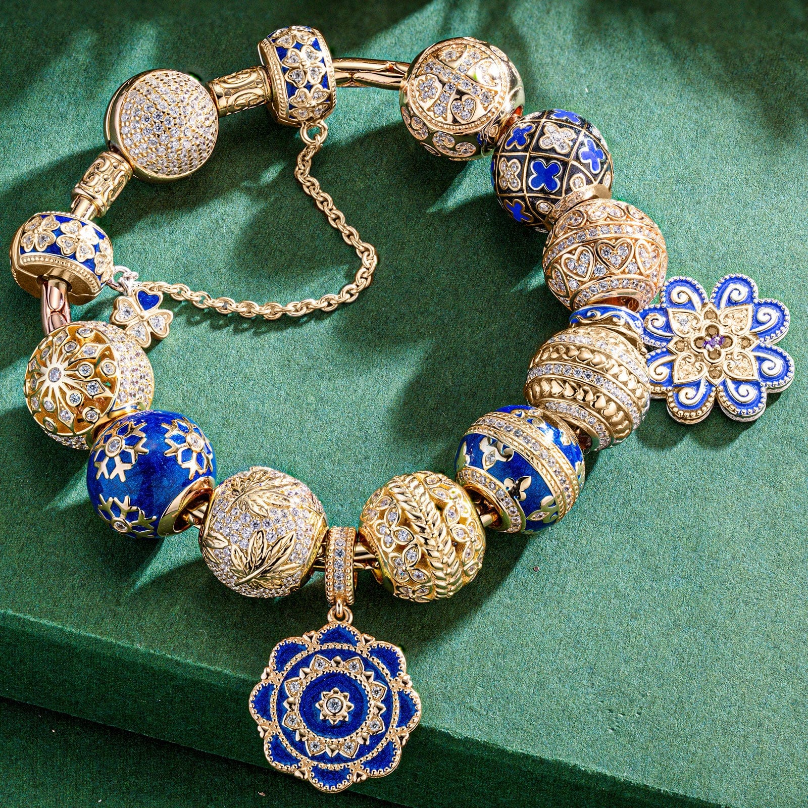 Sterling Silver Ice and Blue Charms Bracelet Set With Enamel In 14K Gold Plated (Includes bracelet and all charms shown) - Image 4