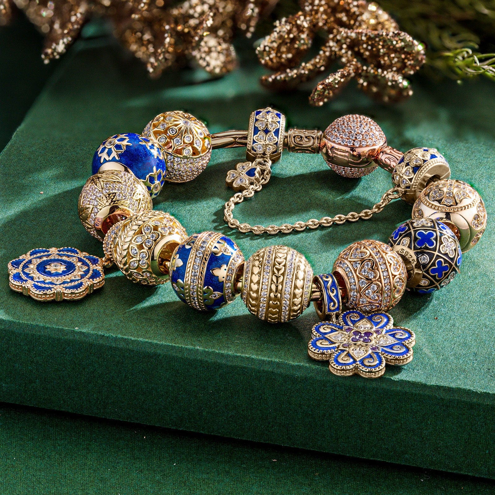 Sterling Silver Ice and Blue Charms Bracelet Set With Enamel In 14K Gold Plated (Includes bracelet and all charms shown) - Image 5