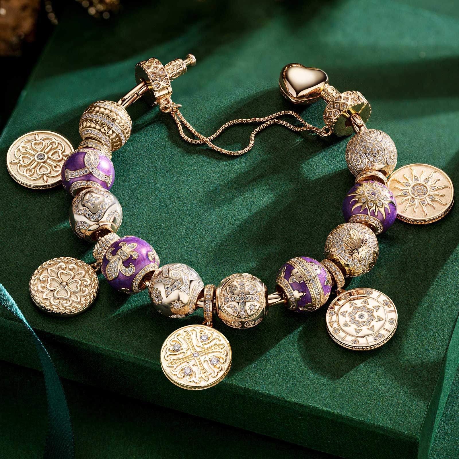 Sterling Silver Purple Romantic Charms Bracelet Set With Enamel In 14K Gold Plated (Includes bracelet and all charms shown) - Image 5