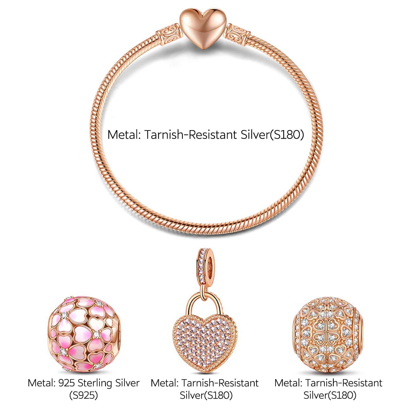 Sterling Silver Passionate Petals Charms Bracelet Set With Enamel In Rose Gold Plated (Includes bracelet and all charms shown) - Image 2