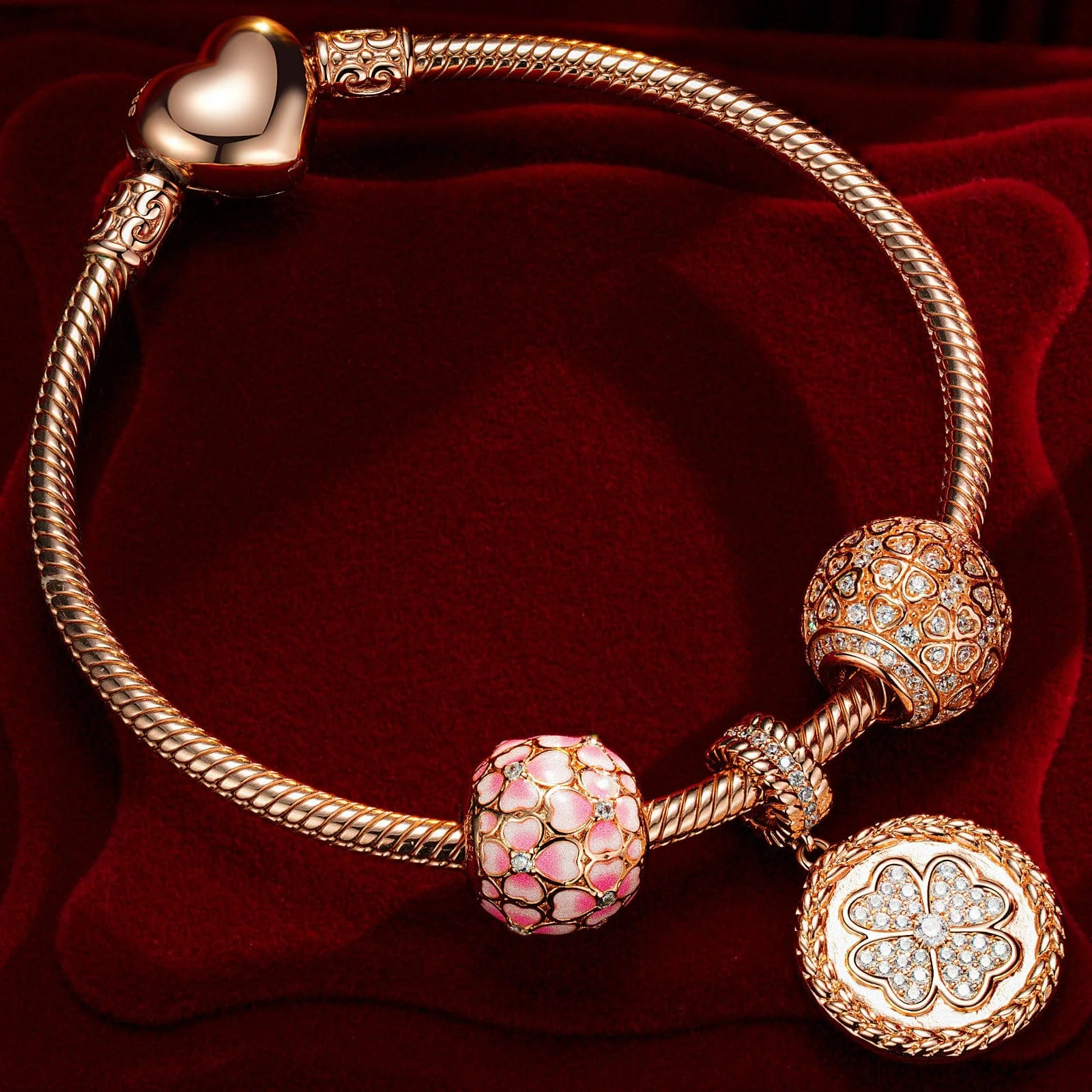 Sterling Silver Passionate Petals Charms Bracelet Set With Enamel In Rose Gold Plated (Includes bracelet and all charms shown) - Image 3