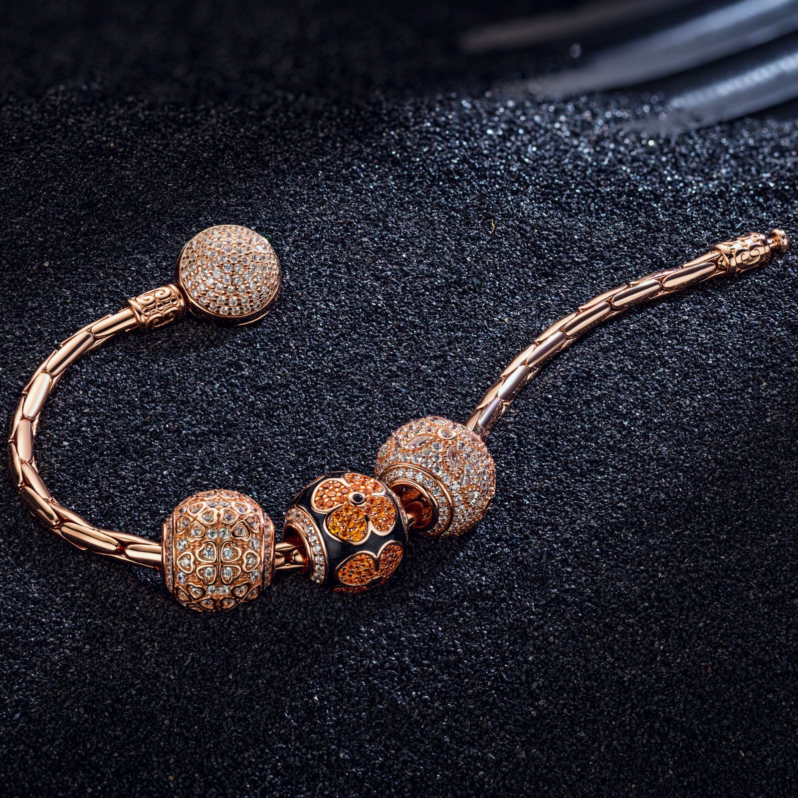 Sterling Silver Shining Four-Leaf Clover Bamboo Chain Charms Bracelet Set With Enamel In Rose Gold Plated (Includes bracelet and all charms shown) - Image 2