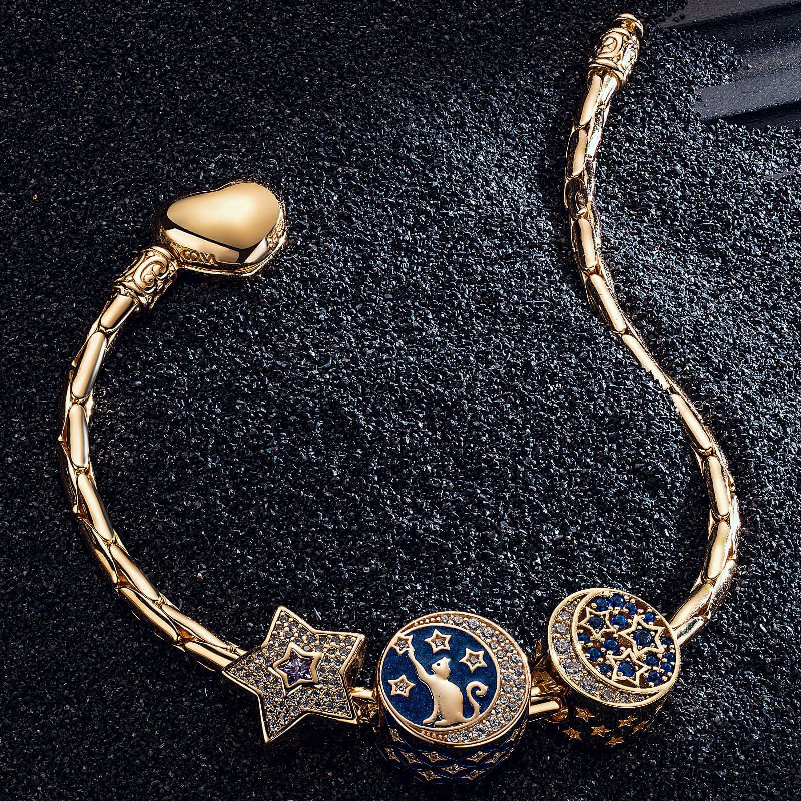 Sterling Silver Cat and the Stars Bamboo Chain Charms Bracelet Set With Enamel In 14K Gold Plated (Includes bracelet and all charms shown) - Image 2