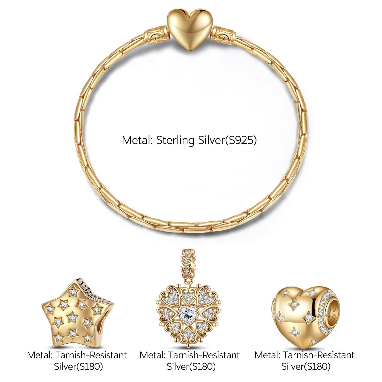 Sterling Silver Starlight Love Charms Bracelet Set In 14K Gold Plated (Includes bracelet and all charms shown) - Image 2