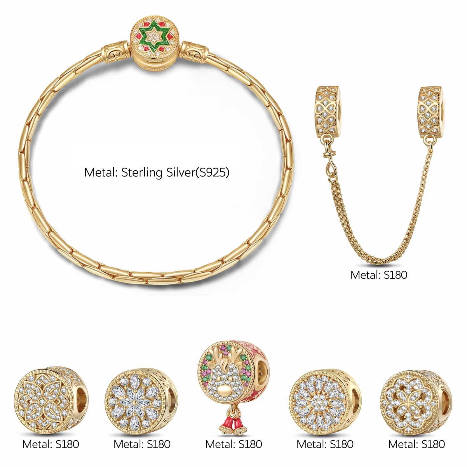 Sterling Silver Snowflake Wonderland Charms Bracelet Set In 14K Gold Plated (Includes bracelet and all charms shown) - Image 2