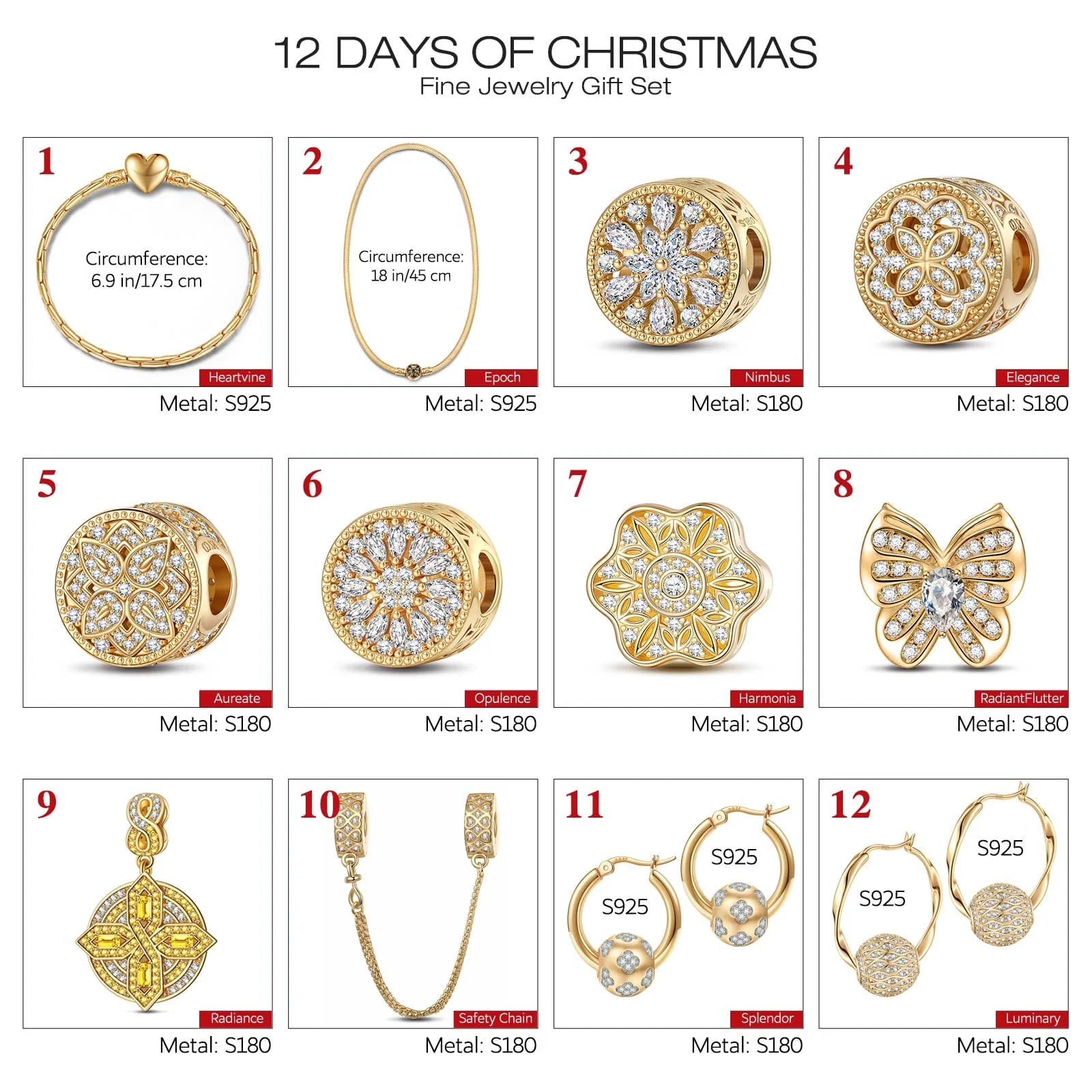 The Iconic Advent Calendar - 12 Days of Christmas Fine Jewelry Gift Set: Sterling Silver Golden Christmas Earrings and Charms Bracelet Set With Enamel and Necklace In 14K Gold Plated - Image 2