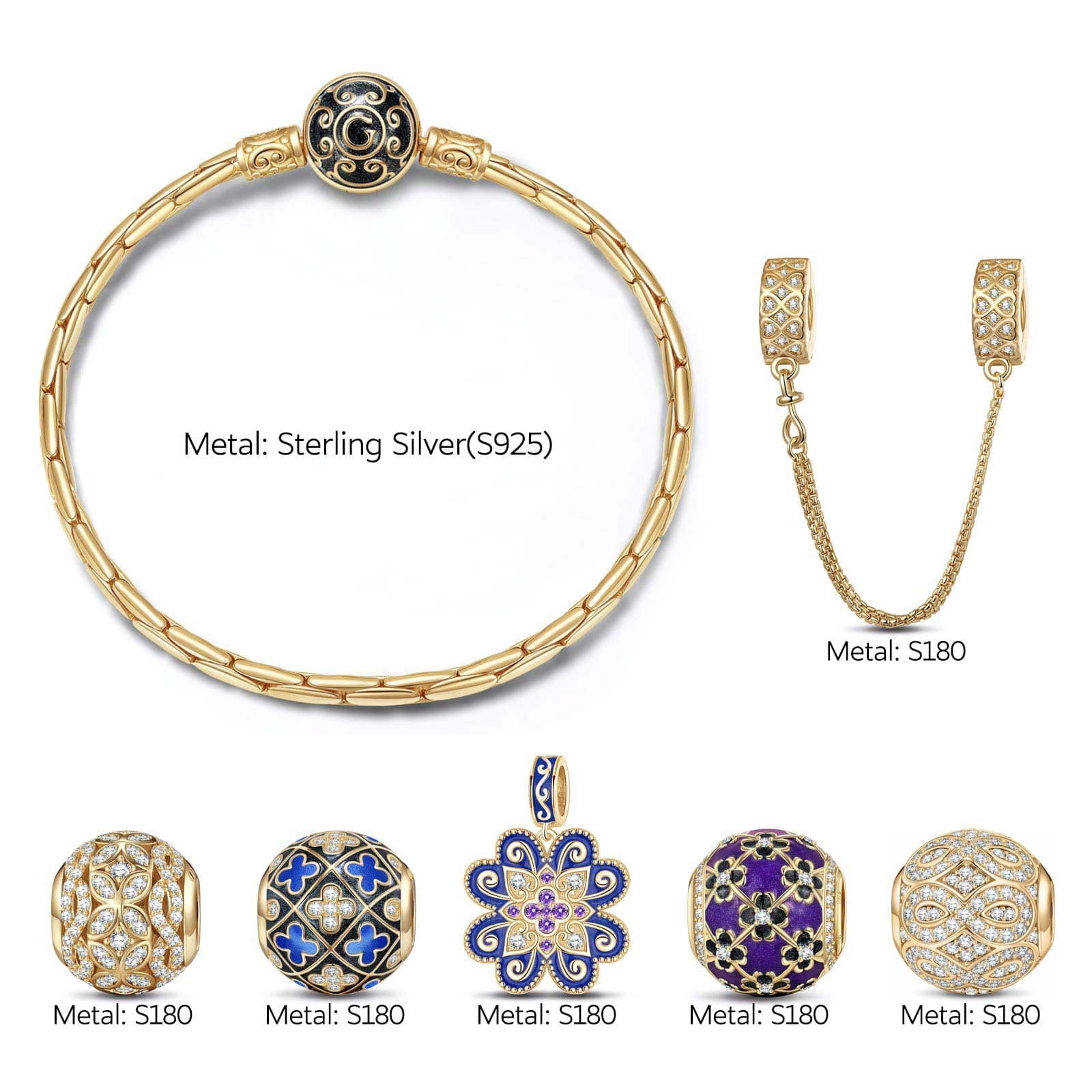 Sterling Silver Four-leaf Clover Pattern Charms Bracelet Set With Enamel In 14K Gold Plated (Includes bracelet and all charms shown) - Image 2