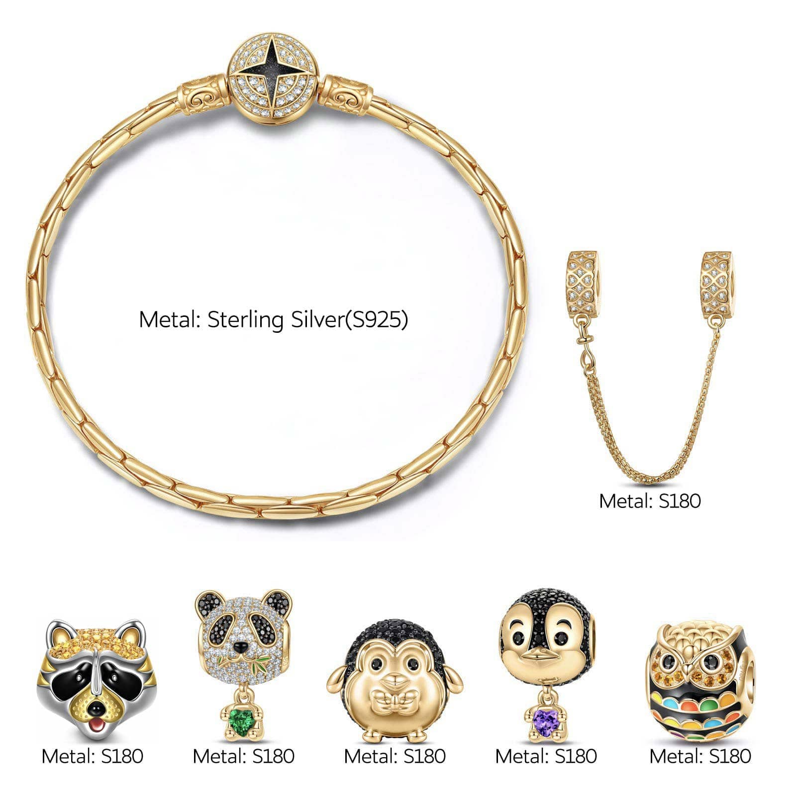 Sterling Silver Wish You Delight and Wisdom Animals Charms Bracelet Set With Enamel In 14K Gold Plated - Heartful Hugs Collection (Includes bracelet and all charms shown) - Image 2