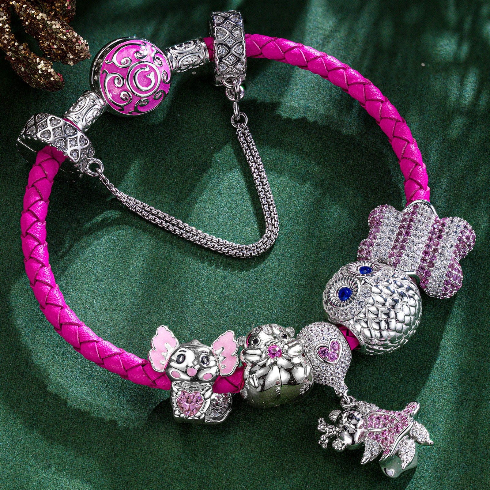 Sterling Silver Cheerful Critter Animals Charms Bracelet Set With Enamel In White Gold Plated (Includes bracelet and all charms shown) - Image 3