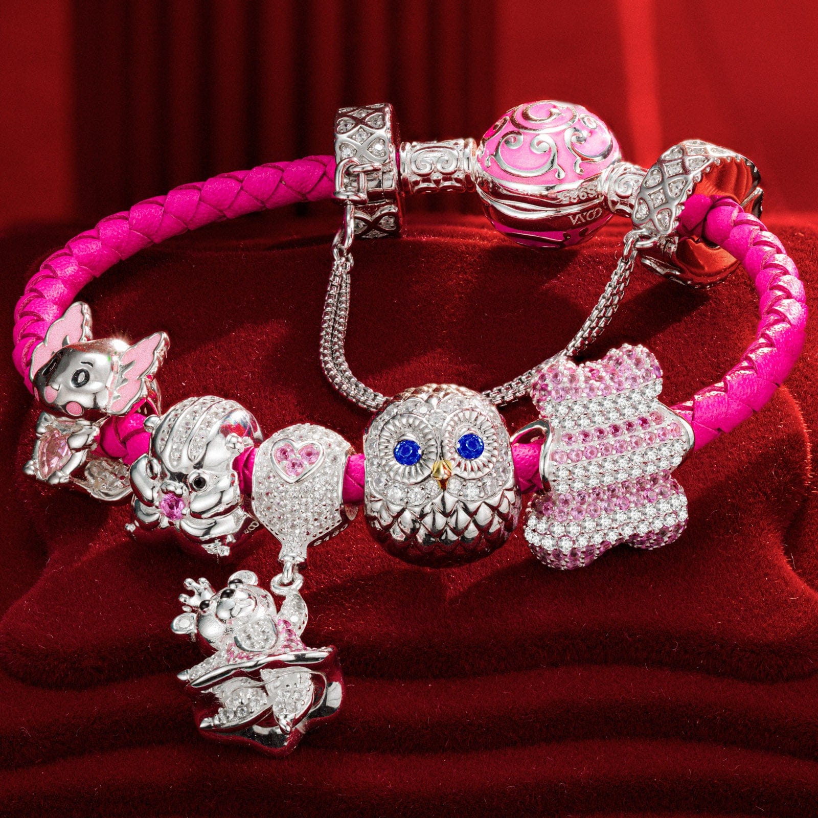 Sterling Silver Cheerful Critter Animals Charms Bracelet Set With Enamel In White Gold Plated (Includes bracelet and all charms shown) - Image 4
