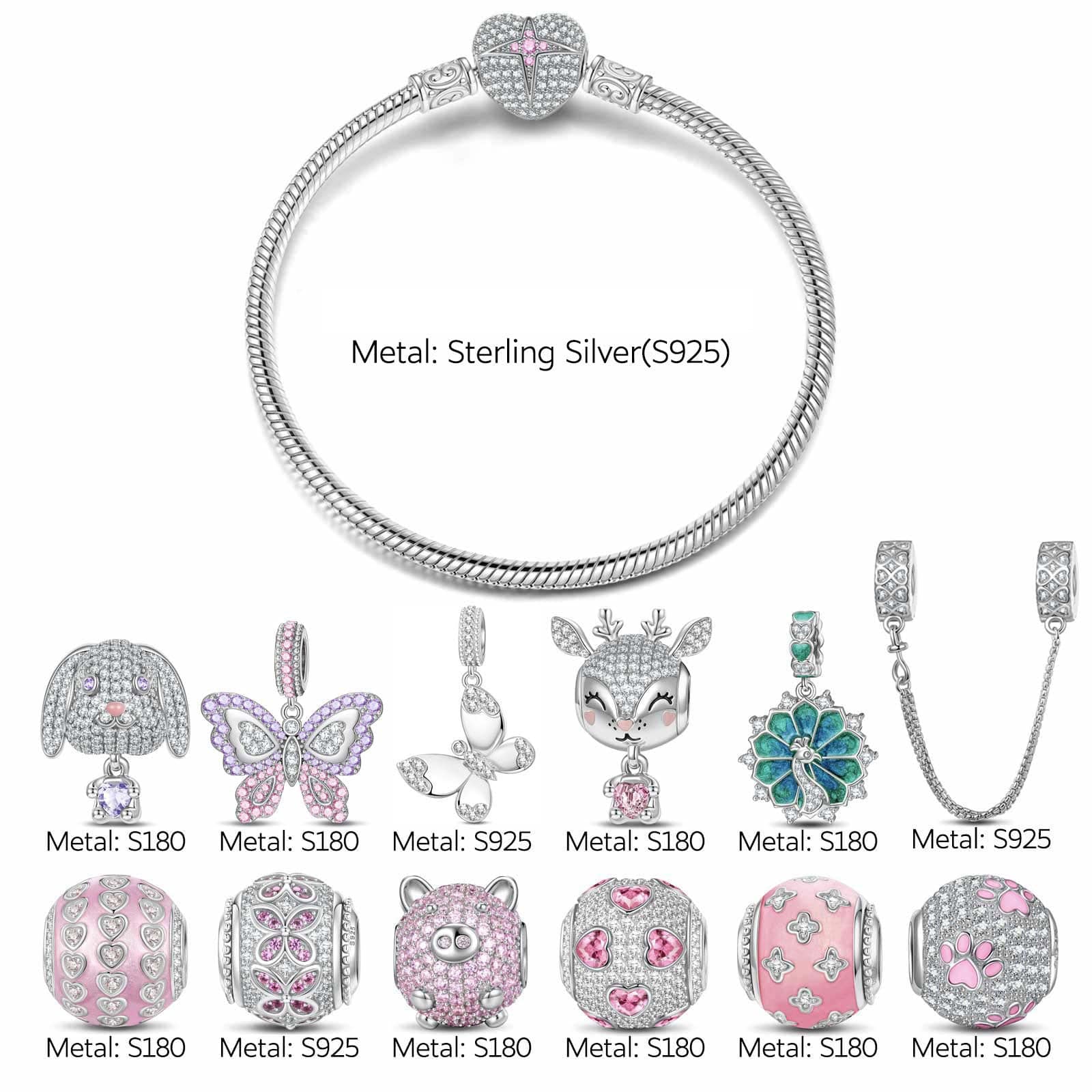 Rosy Whimsy Sterling Silver Animals Charms Bracelet Set With Enamel In White Gold Plated (Includes bracelet and all charms shown) - Image 3