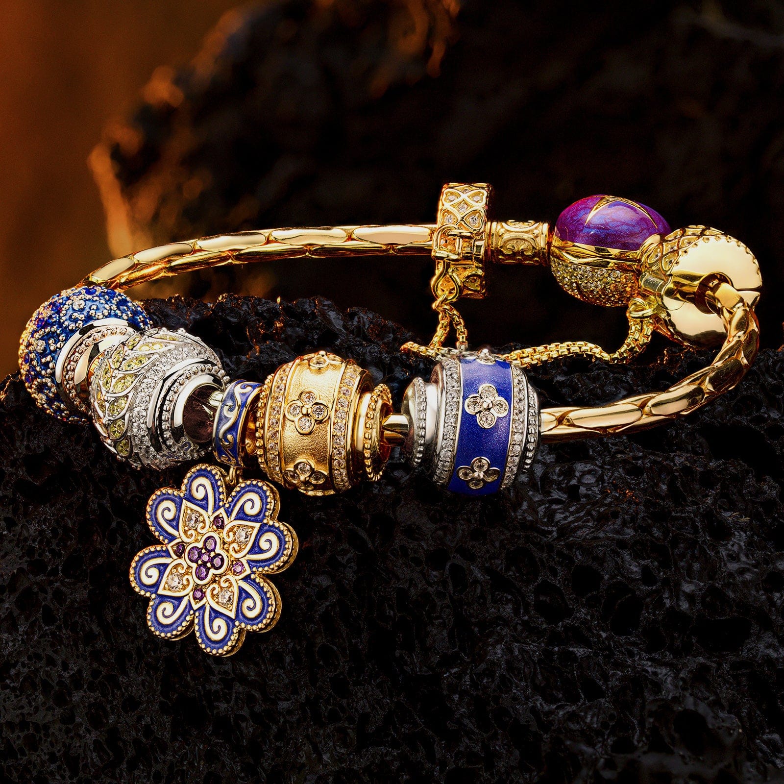 Sterling Silver Fortunate Turns Charms Bracelet Set With Enamel, Featuring Dual Plating in 14K Gold and White Gold (Includes bracelet and all charms shown) - Image 4