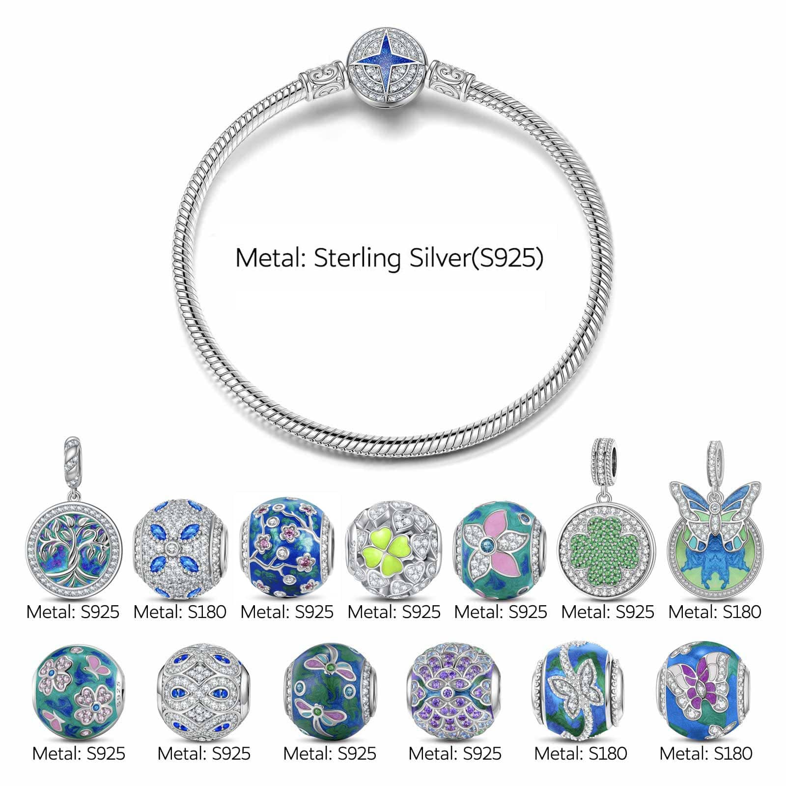 Sterling Silver Emerald Dreamscape Charms Bracelet Set With Enamel In White Gold Plated (Includes bracelet and all charms shown) - Image 3