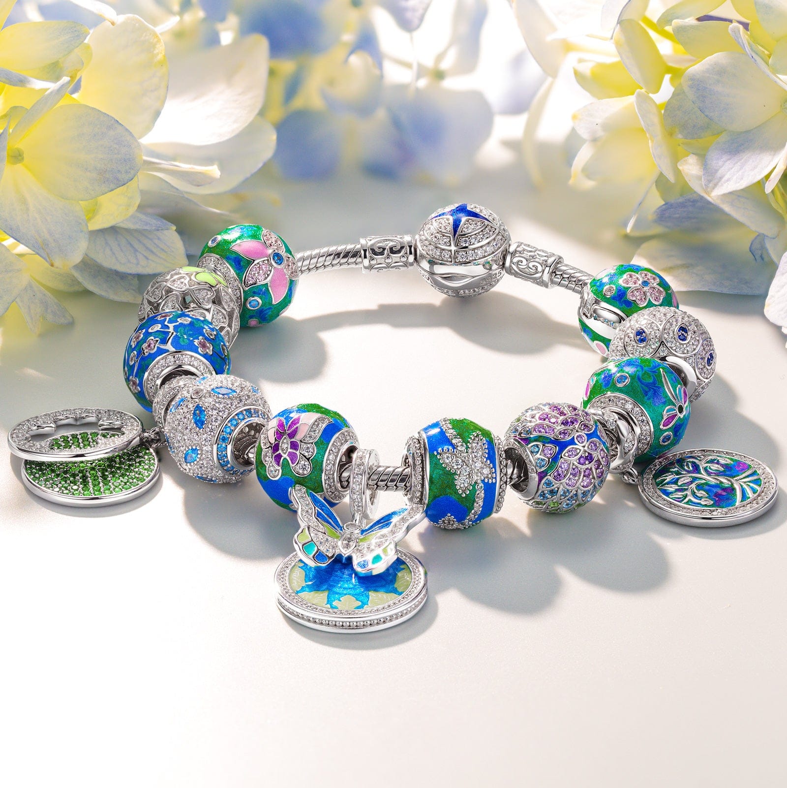 Sterling Silver Emerald Dreamscape Charms Bracelet Set With Enamel In White Gold Plated (Includes bracelet and all charms shown) - Image 4