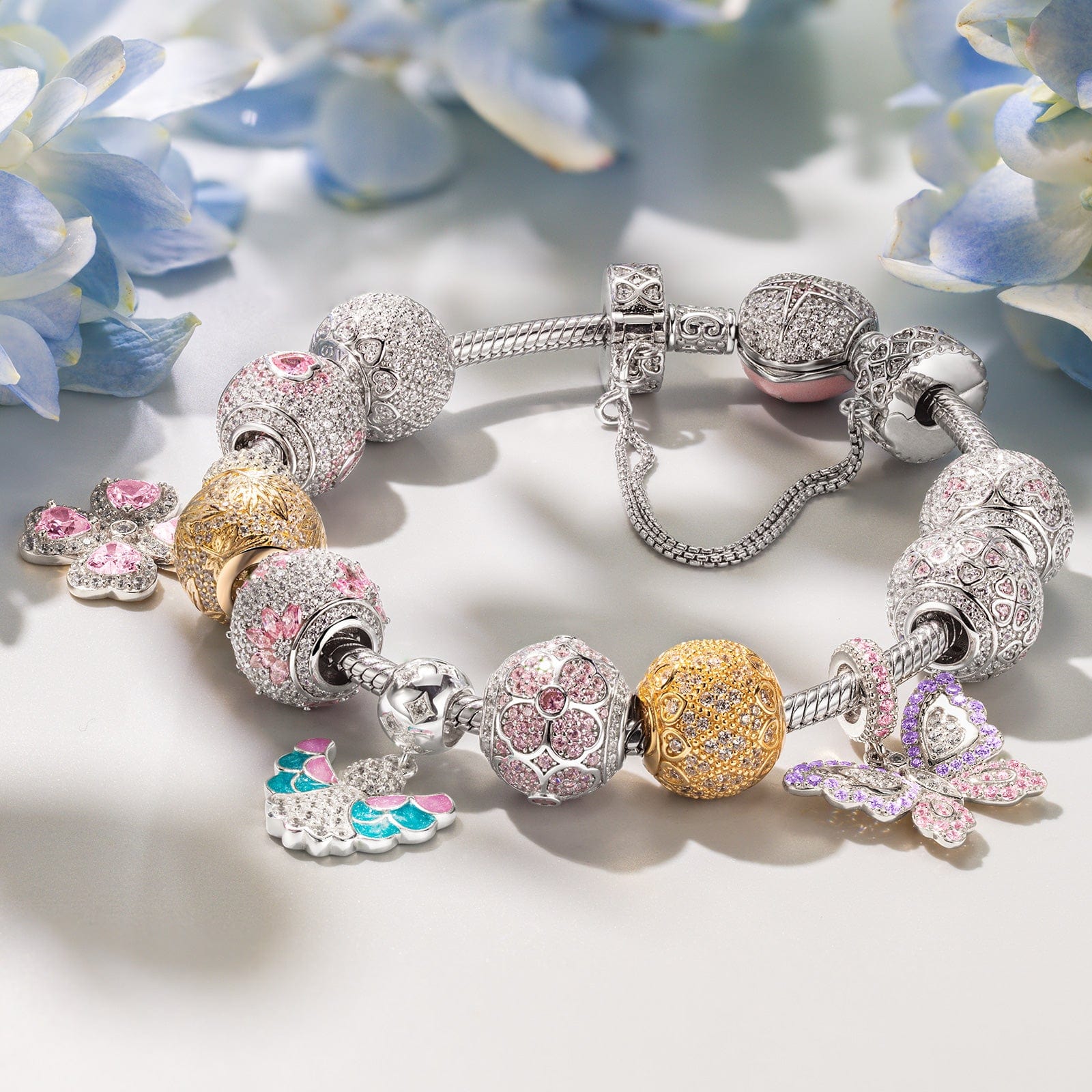 Sterling Silver Lilac Butterfly Rosy Whispers Charms Bracelet Set With Enamel In White Gold Plated (Includes bracelet and all charms shown) - Image 3