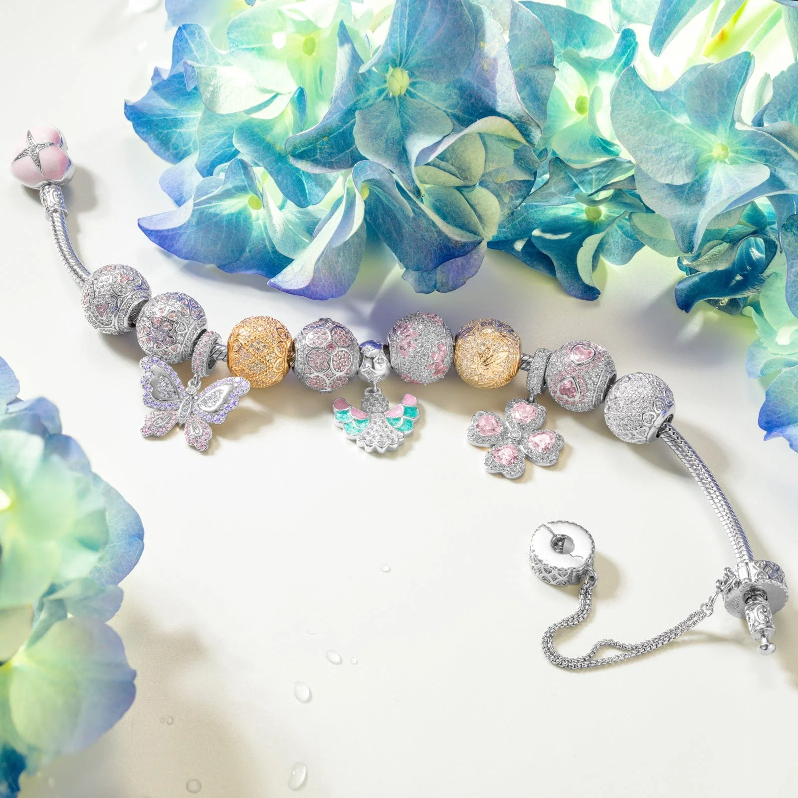 Sterling Silver Lilac Butterfly Rosy Whispers Charms Bracelet Set With Enamel In White Gold Plated (Includes bracelet and all charms shown) - Image 4