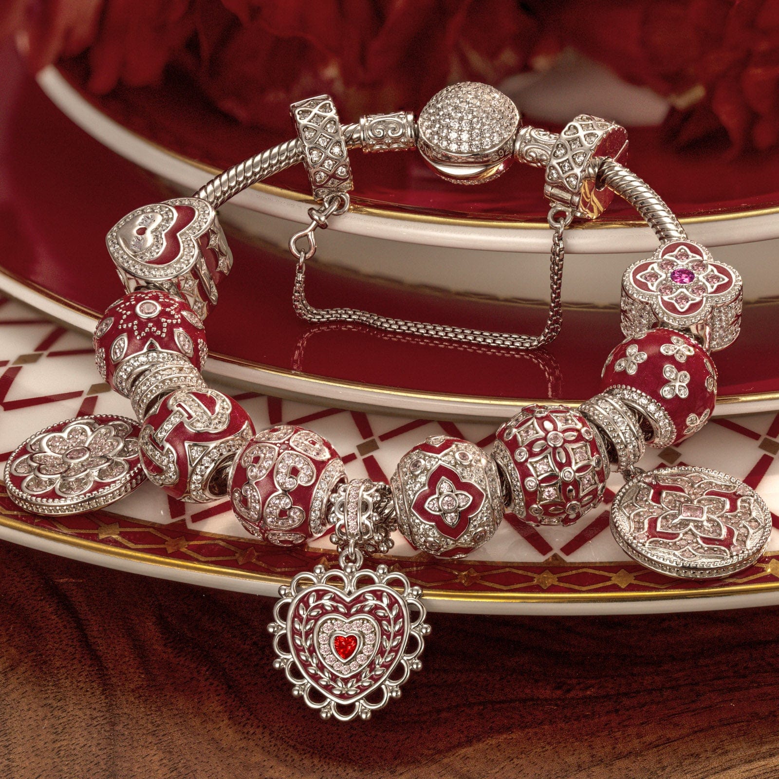 Sterling Silver Eternal Grace Charms Bracelet Set With Enamel In White Gold Plated (Includes bracelet and all charms shown)