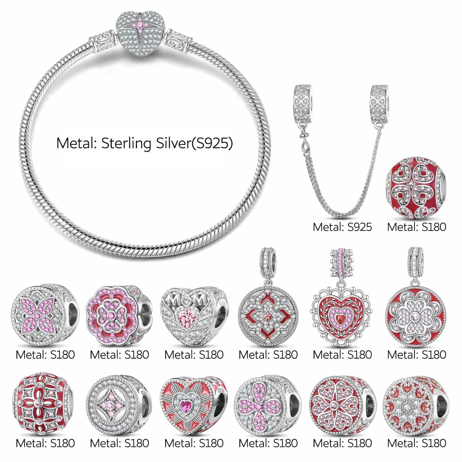 Sterling Silver Love and Beauty Embrace You Charms Bracelet Set With Enamel In White Gold Plated (Includes bracelet and all charms shown) - Image 2