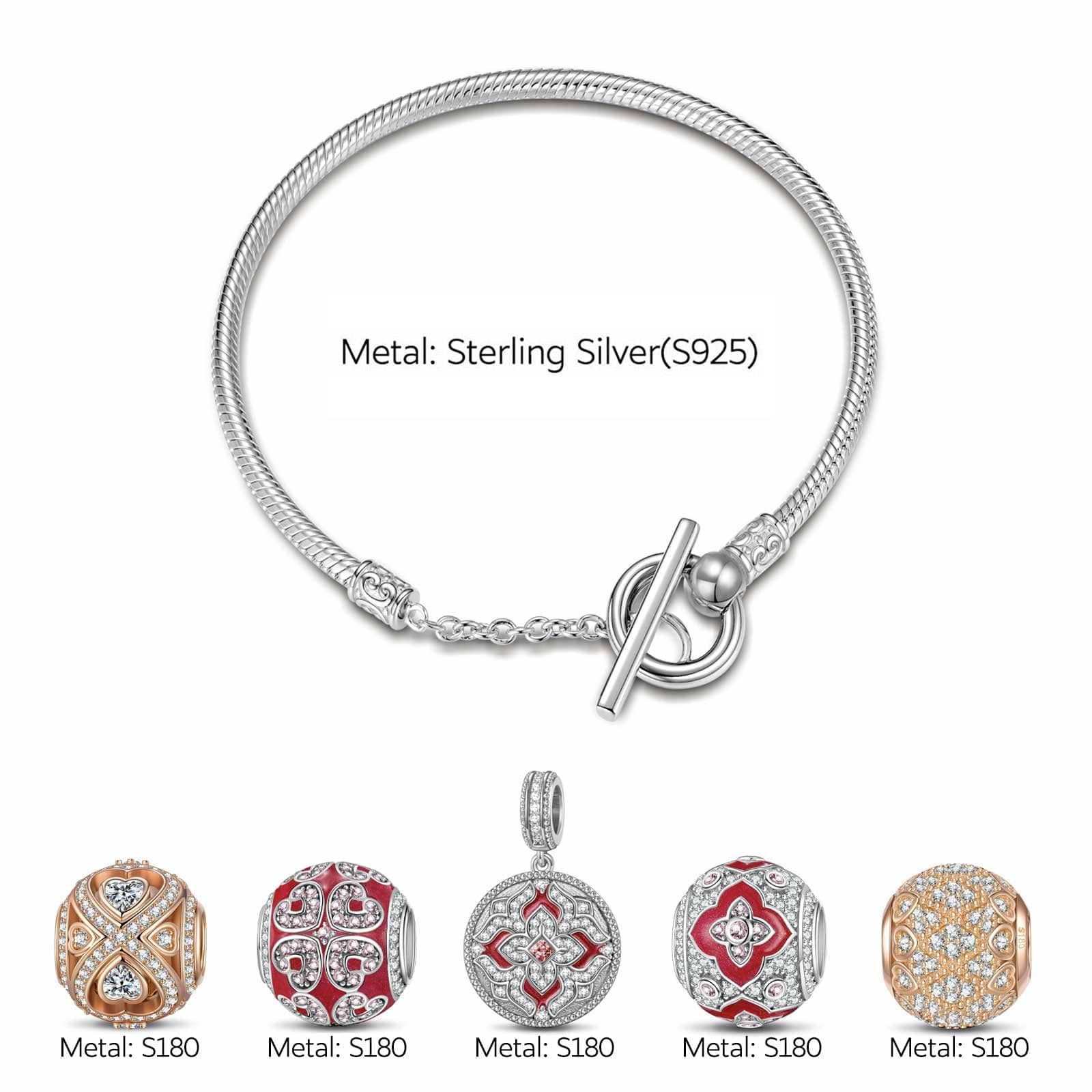 Sterling Silver Timeless Embrace Charms Bracelet Set With Enamel, Featuring Dual Plating in White Gold and Rose Gold (Includes bracelet and all charms shown) - Image 2