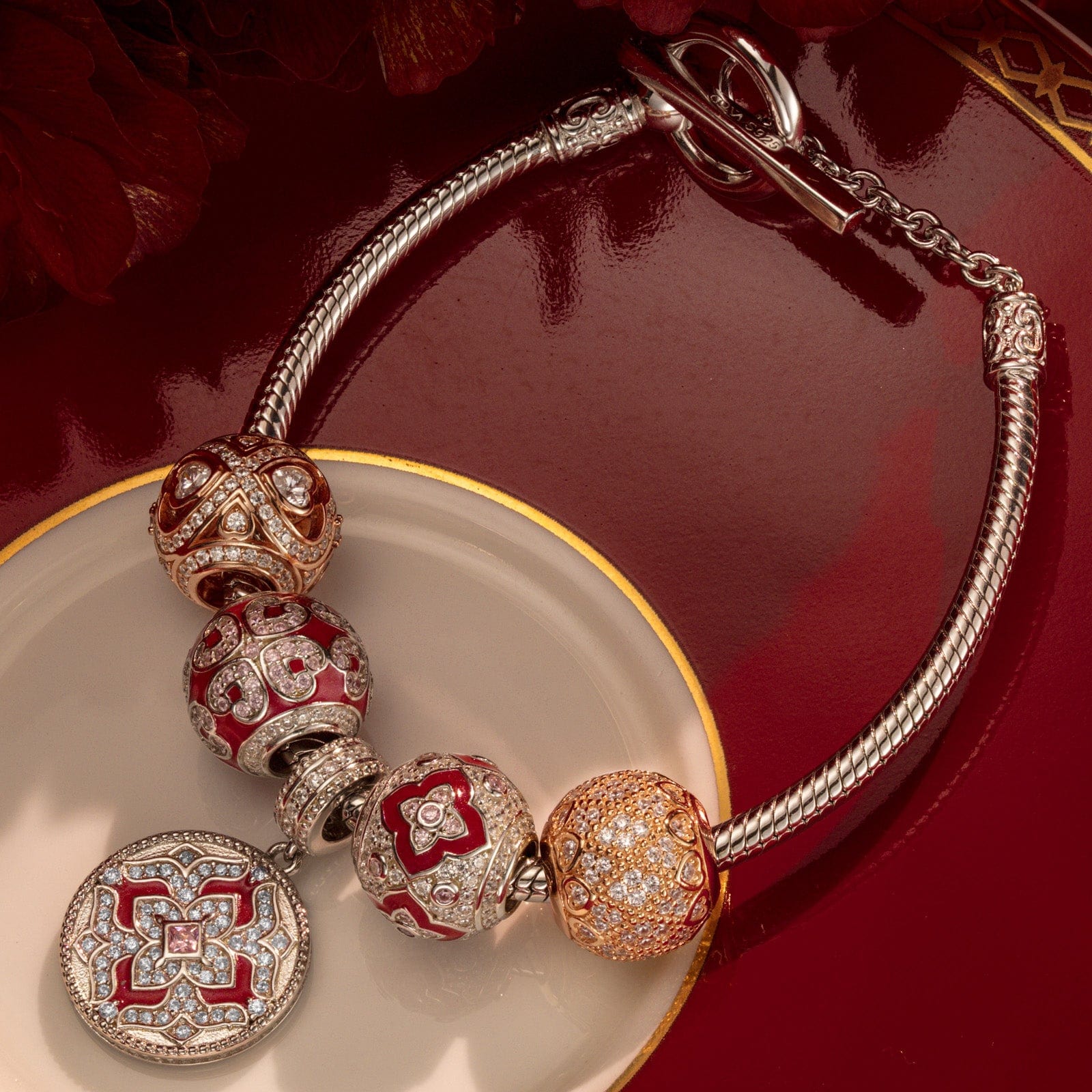 Sterling Silver Timeless Embrace Charms Bracelet Set With Enamel, Featuring Dual Plating in White Gold and Rose Gold (Includes bracelet and all charms shown) - Image 3