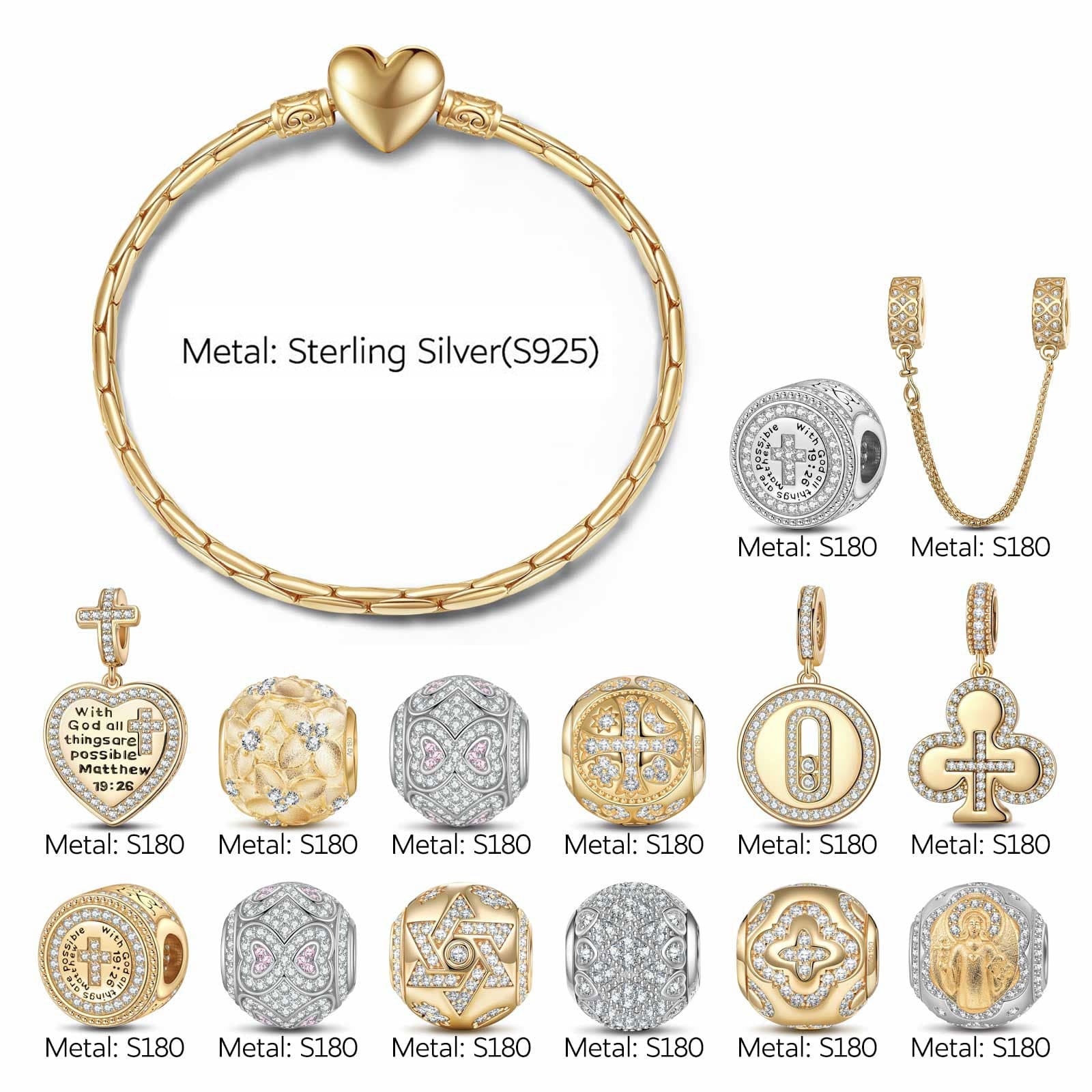 Sterling Silver Steadfast Protector Charms Bracelet Set, Featuring Dual Plating in 14K Gold and White Gold (Includes bracelet and all charms shown) - Image 2