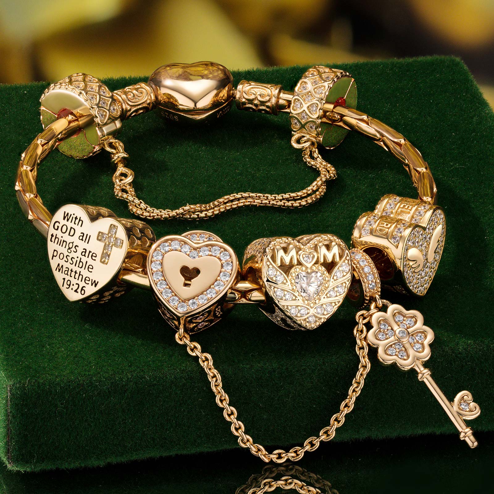 Sterling Silver Love to Mom Charms Bracelet Set With Enamel In 14K Gold Plated (Includes bracelet and all charms shown) - Image 3
