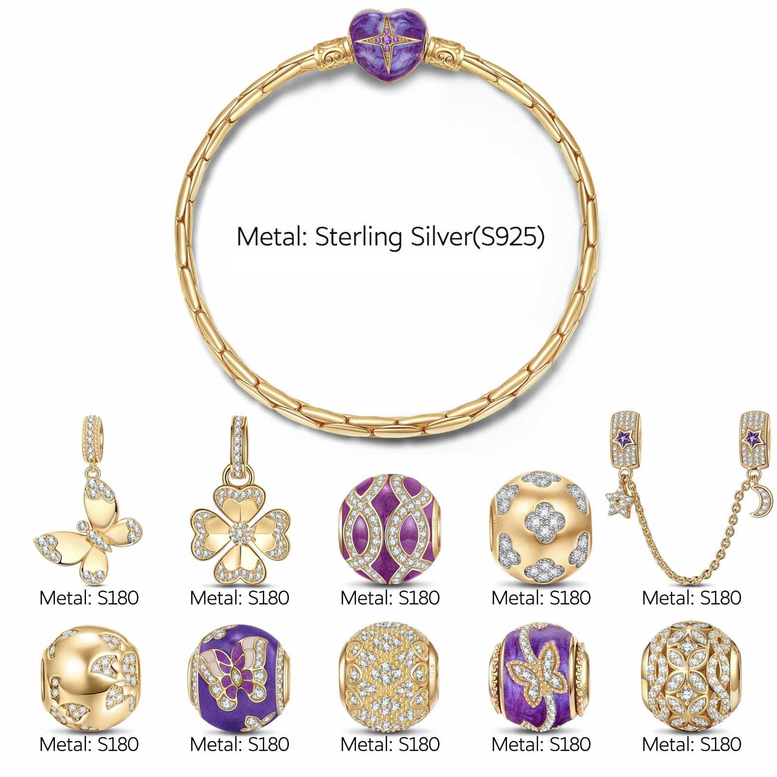 Sterling Silver Wings of Spring Charms Bracelet Set With Enamel In 14K Gold Plated (Includes bracelet and all charms shown) - Image 2