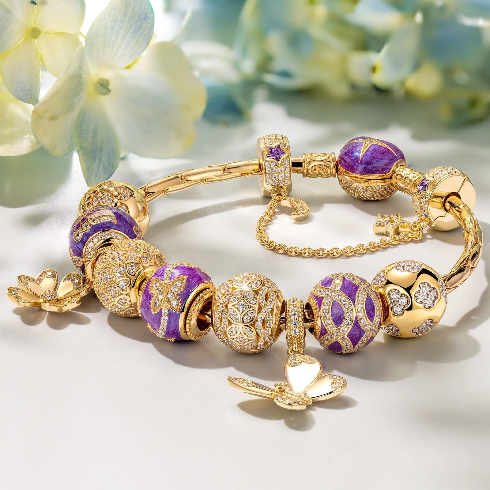 Sterling Silver Wings of Spring Charms Bracelet Set With Enamel In 14K Gold Plated (Includes bracelet and all charms shown) - Image 5