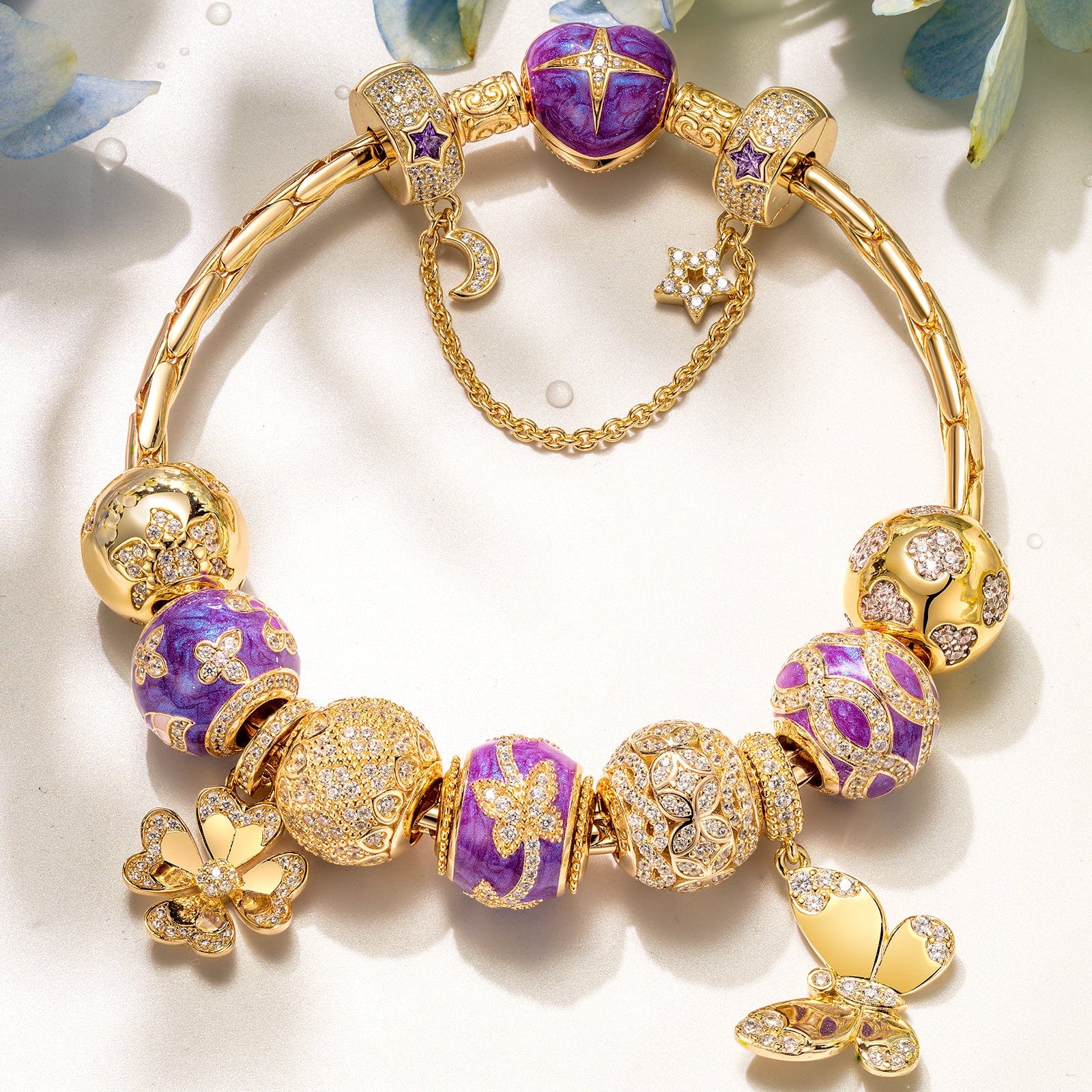 Sterling Silver Wings of Spring Charms Bracelet Set With Enamel In 14K Gold Plated (Includes bracelet and all charms shown) - Image 6