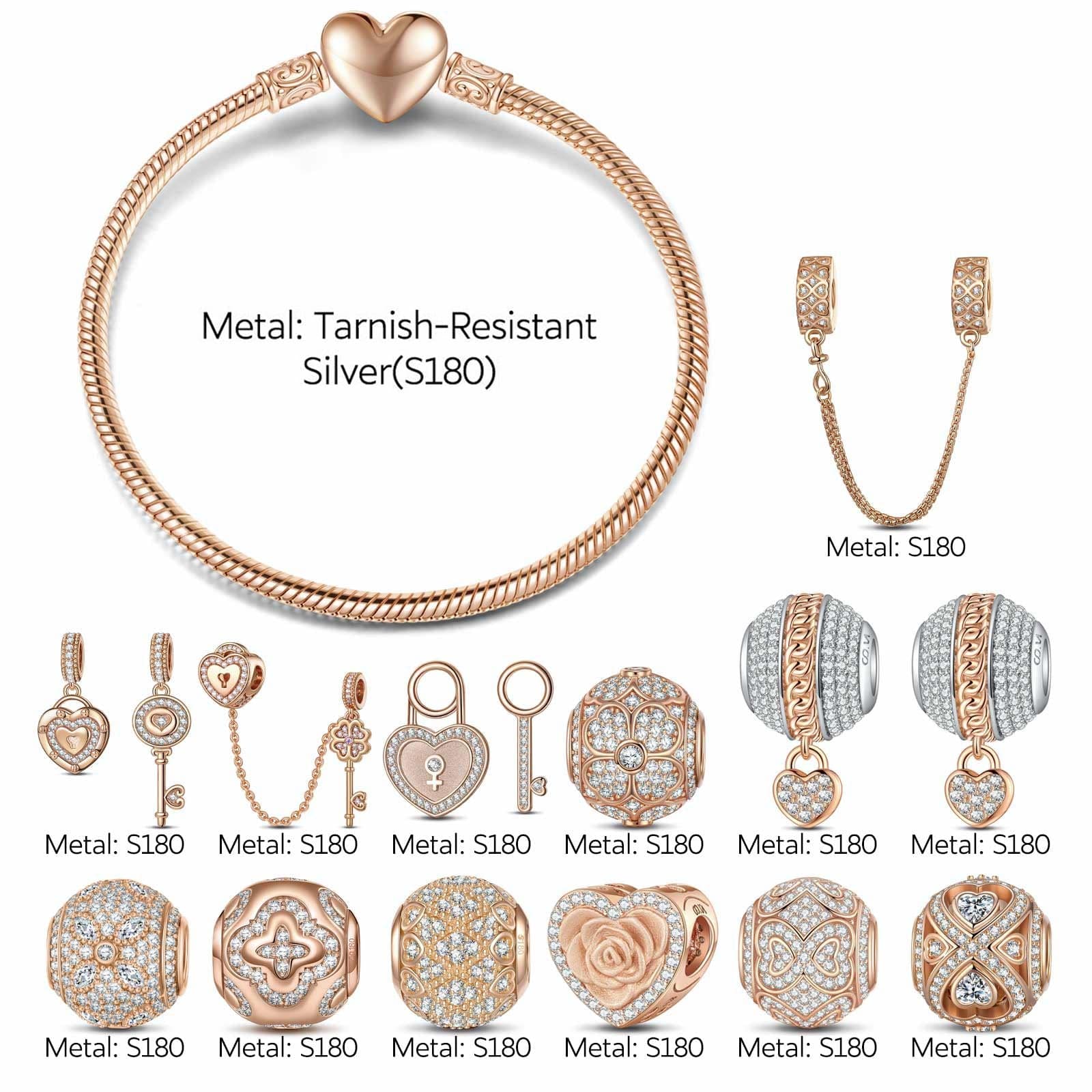 Sterling Silver Rose in the Heart Charms Bracelet Set In Rose Gold Plated (Includes bracelet and all charms shown) - Image 2
