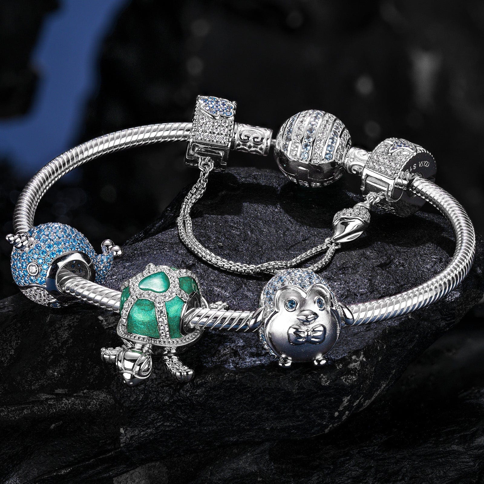 Sterling Silver Ocean Playmates Charms Bracelet Set With Enamel In White Gold Plated (Includes bracelet and all charms shown) - Image 3