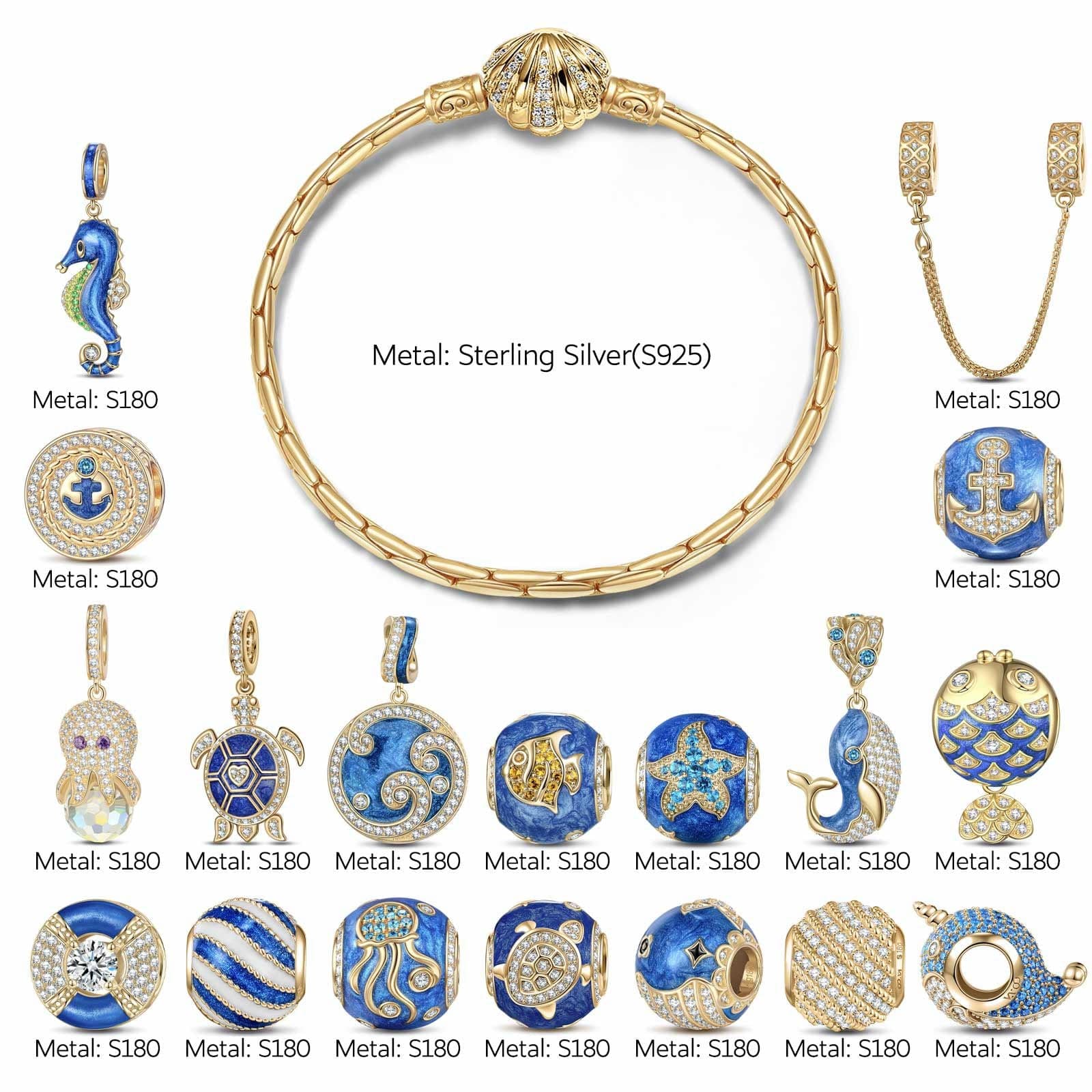 Sterling Silver Exploring the Underwater World Charms Bracelet Set With Enamel In 14K Gold Plated (Includes bracelet and all charms shown) - Image 2